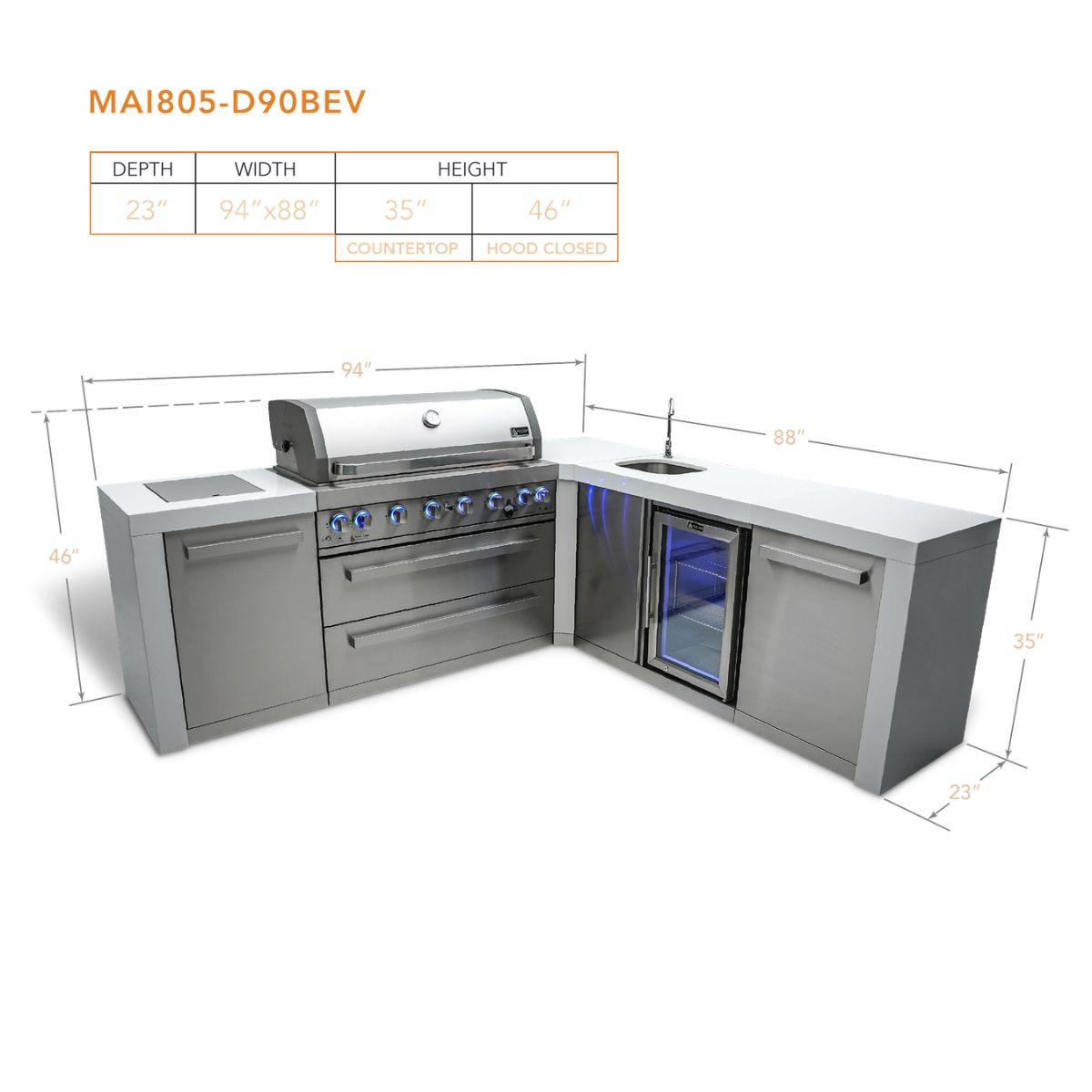 Mont Alpi 6-Burner Deluxe island featuring a 90-degree corner and beverage center