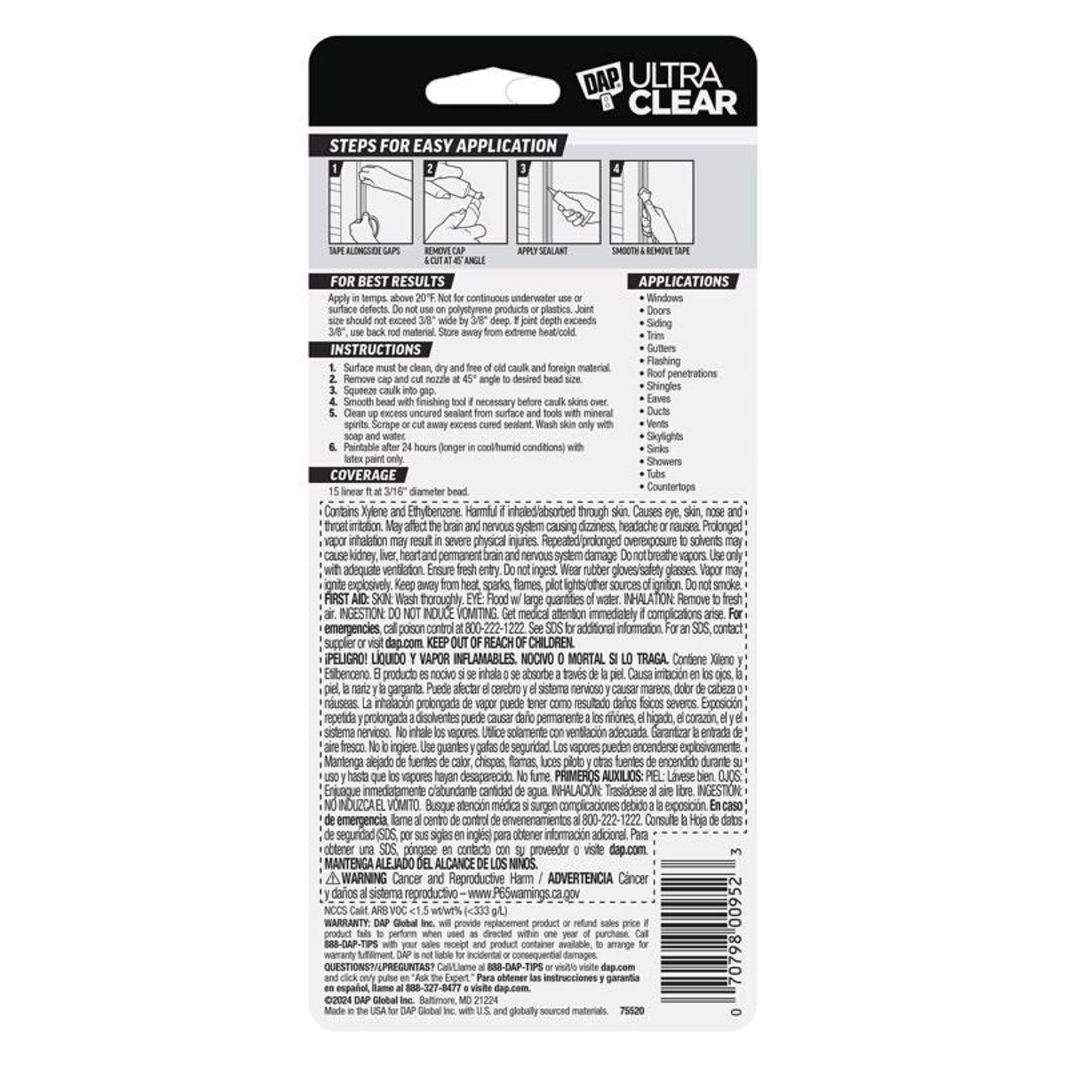 DAP Ultra Clear Silicone All Purpose Waterproof Sealant 2.8 fl. oz.