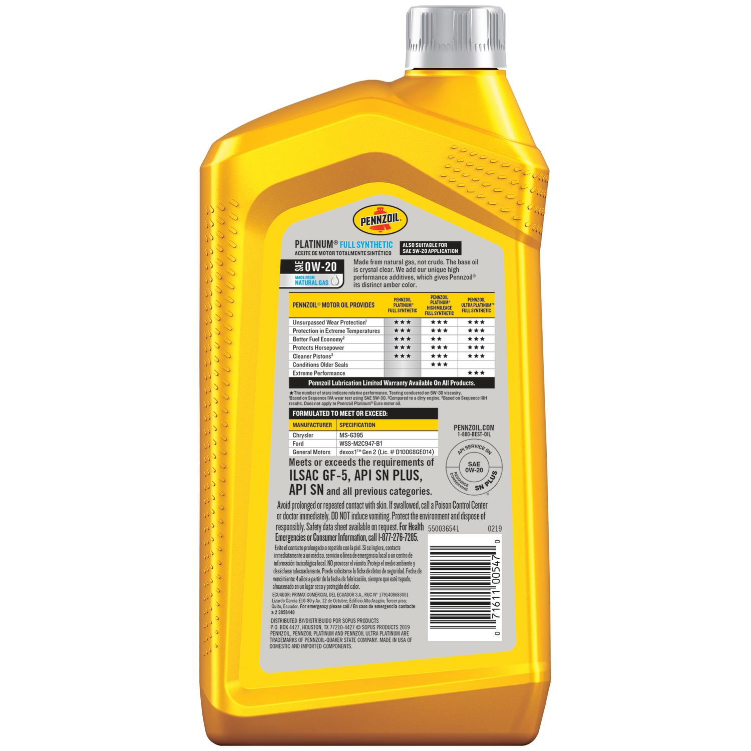 Pennzoil Platinum 0W-20 4-Cycle Synthetic Motor Oil 1 qt 1 pk