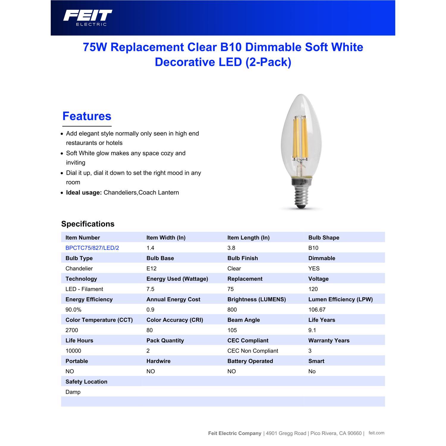 Feit Blunt Tip E12 (Candelabra) LED Bulb Soft White 75 Watt Equivalence 2 Pack
