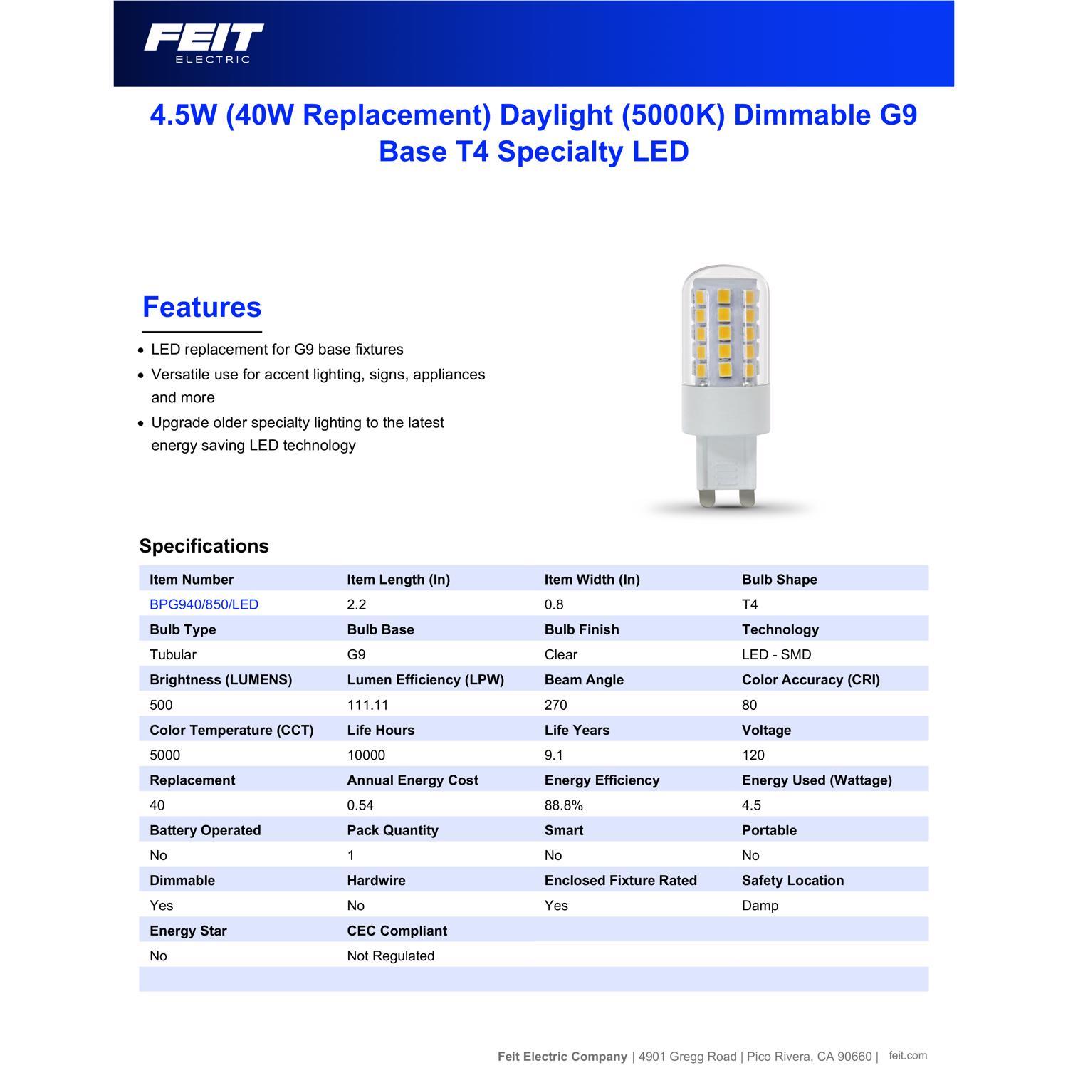Feit T4 G9 LED Bulb Daylight 40 Watt Equivalence 1 pk