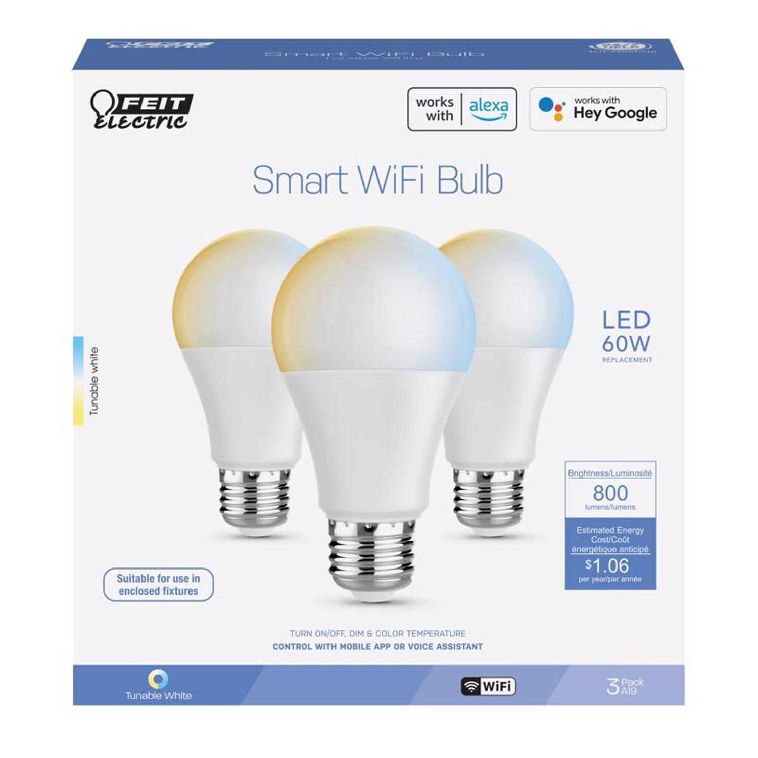 Feit A19 E26 (Medium) Smart-Enabled LED Bulb Adjustable White 60 Watt Equivalence 3 Pack