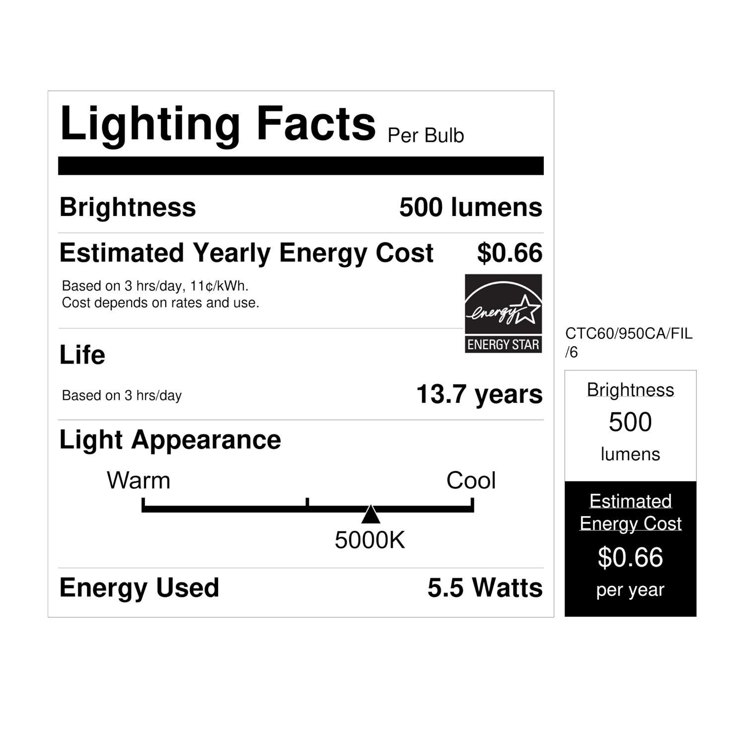 Feit B10 E12 (Candelabra) Filament LED Bulb Daylight 60 Watt Equivalence 6 pk