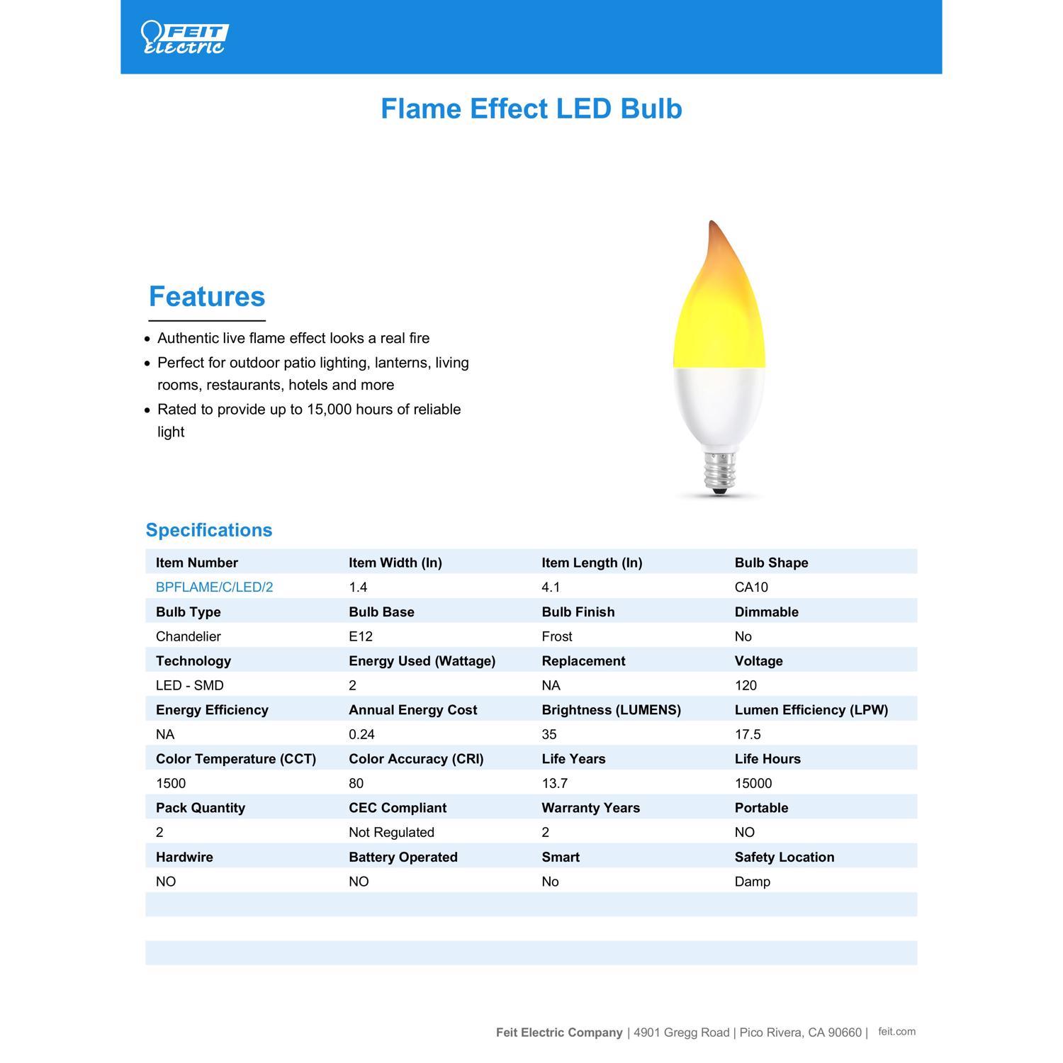 Feit CA10 (Flame Tip) E12 (Candelabra) LED Flame Bulb Warm White 2 Watt Equivalence 2 Pack