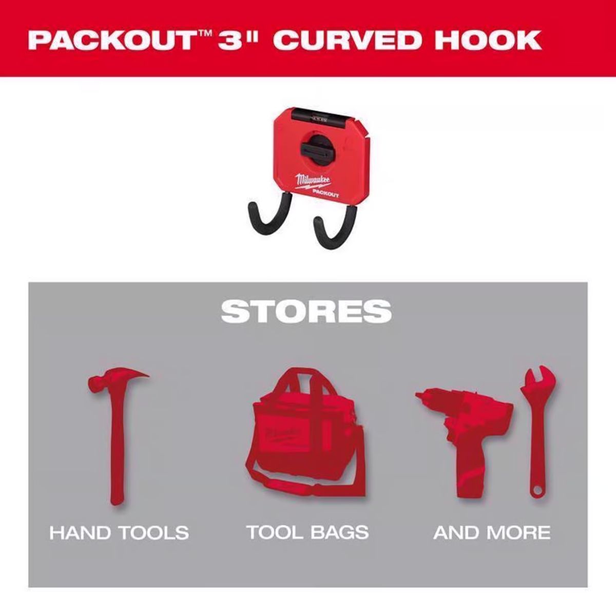 Milwaukee Packout Small Black/Red Plastic 3 in. L Curved Hook 15 lb 1 pk