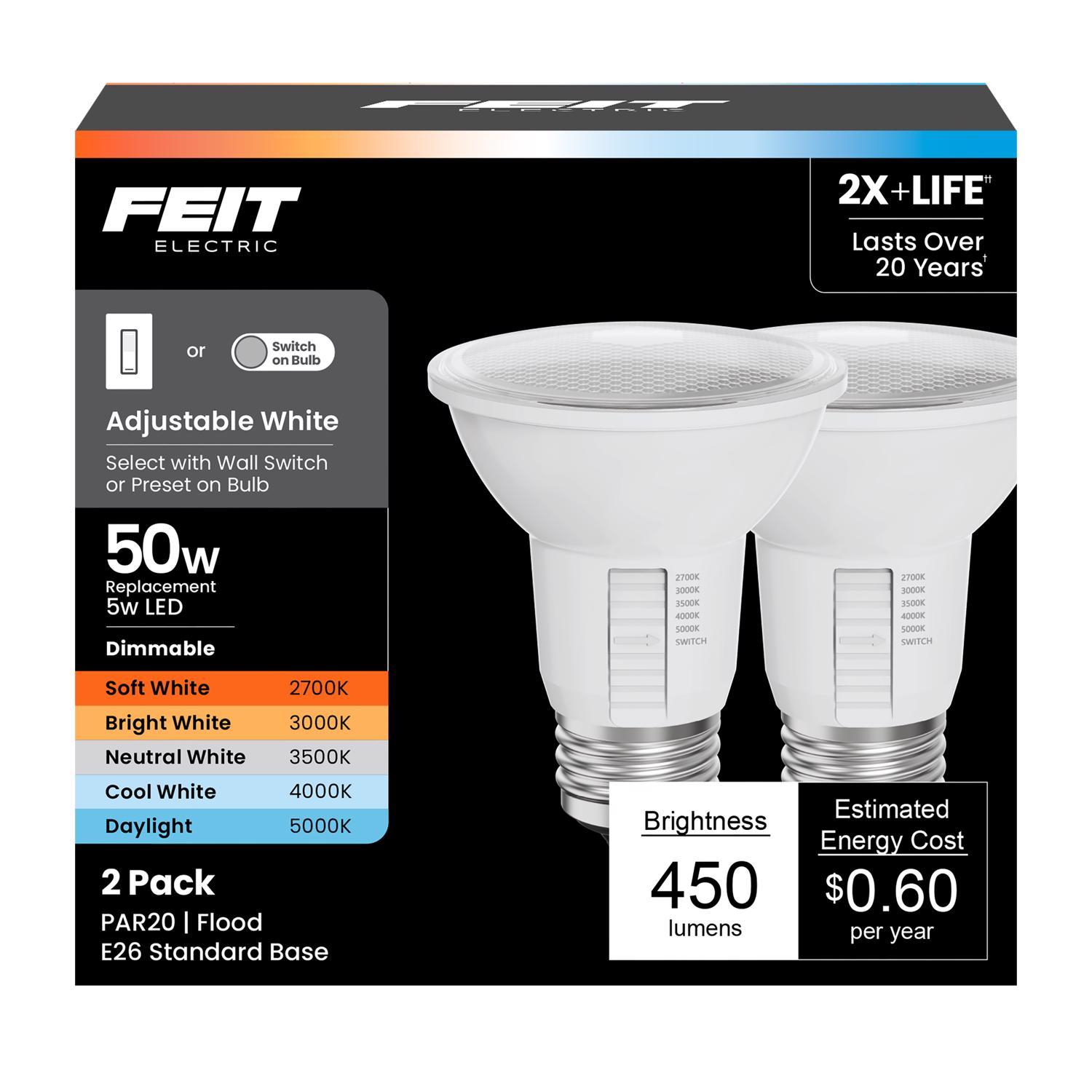 Feit PAR20 E26 (Medium) LED Floodlight Bulb Adjustable White 50 Watt Equivalence 2 pk