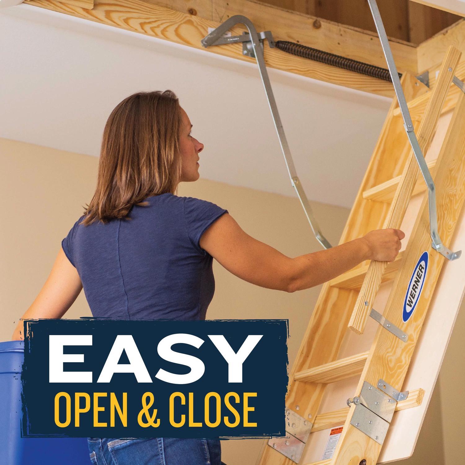 Werner 8.9 To 10 ft. Ceiling 25 in. x 54 in. Wood Attic Ladder Type I 250 lb. capacity