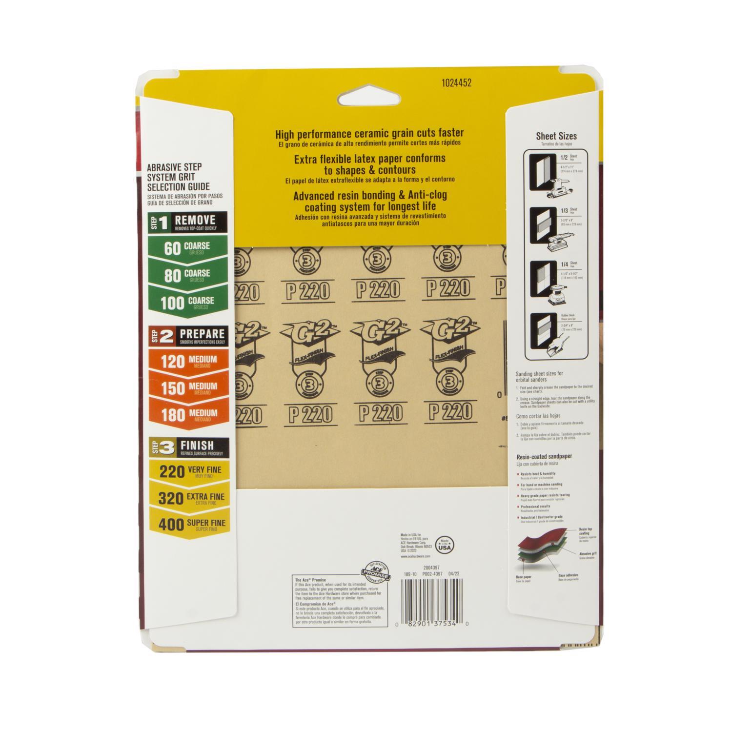 Ace 11 in. L X 9 in. W 220 Grit Aluminum Oxide All Purpose Sandpaper 4 pk