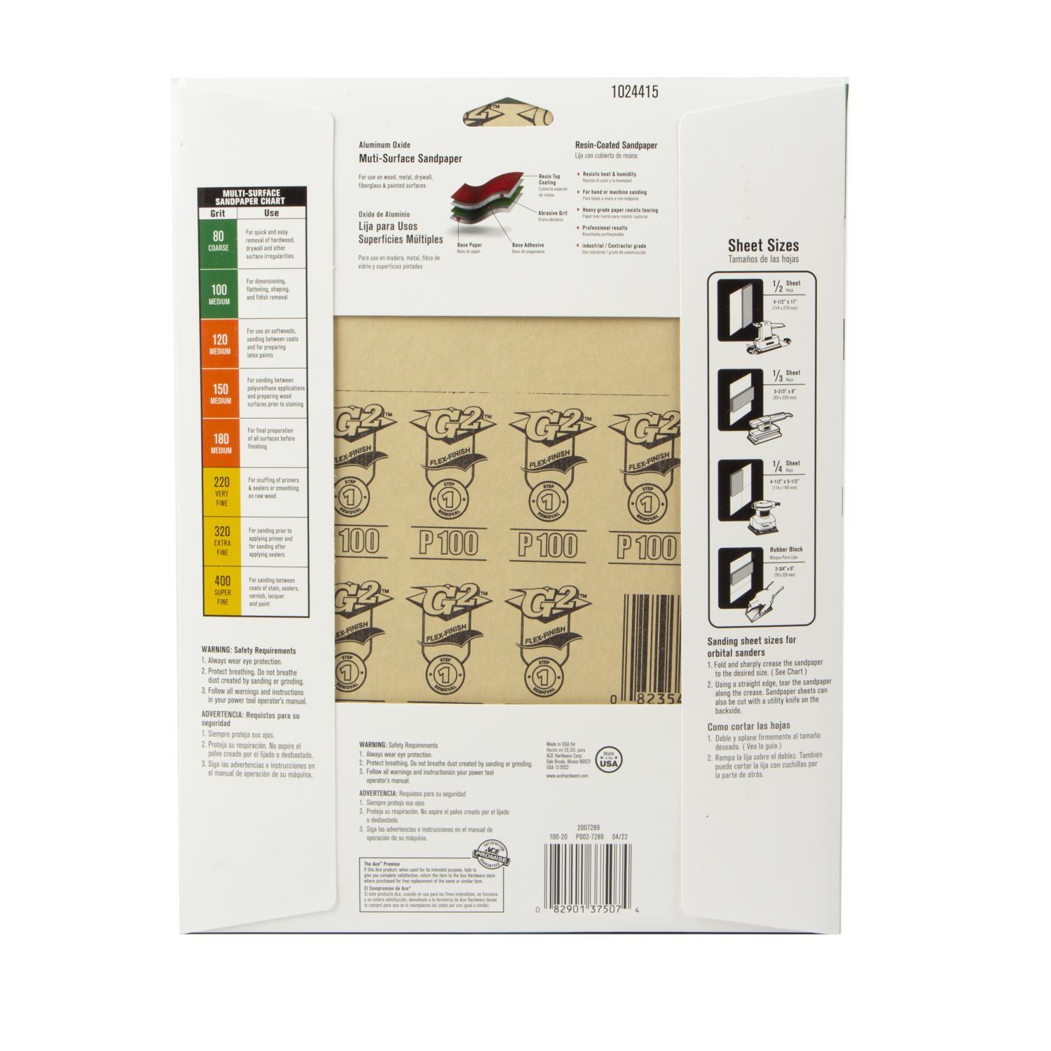 Ace 11 in. L X 9 in. W 100 Grit Aluminum Oxide All Purpose Sandpaper 15 pk