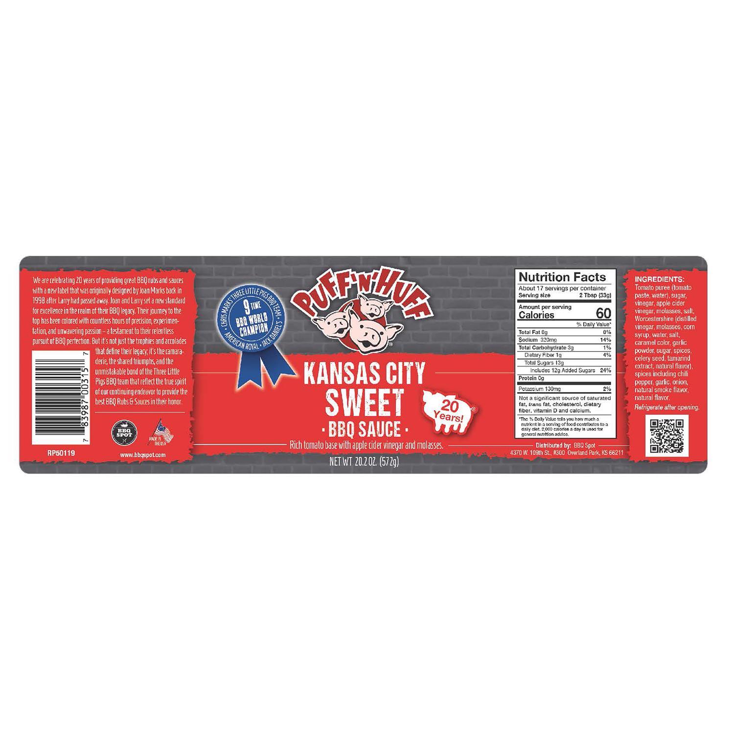 Three Little Pigs Puff N Huff KC Sweet BBQ Sauce 20.2 oz.