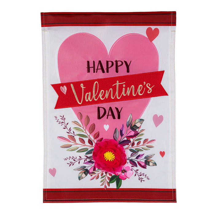 Happy Valentine's Day Heart and Floral Applique Garden Flag