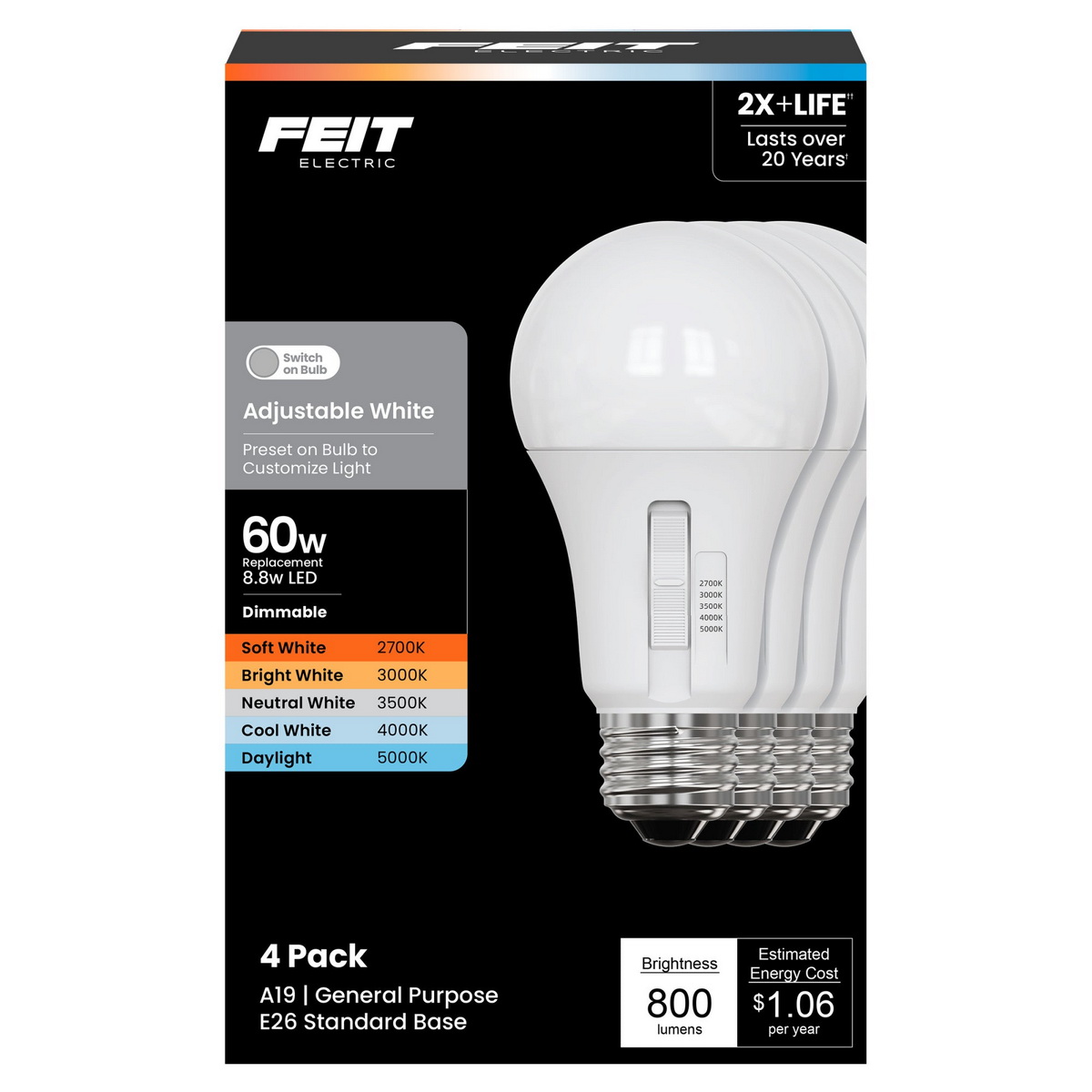 Feit A19 E26 (medium) Led Bulb Adjustable White 60 Watt Equivalence 4 Pk