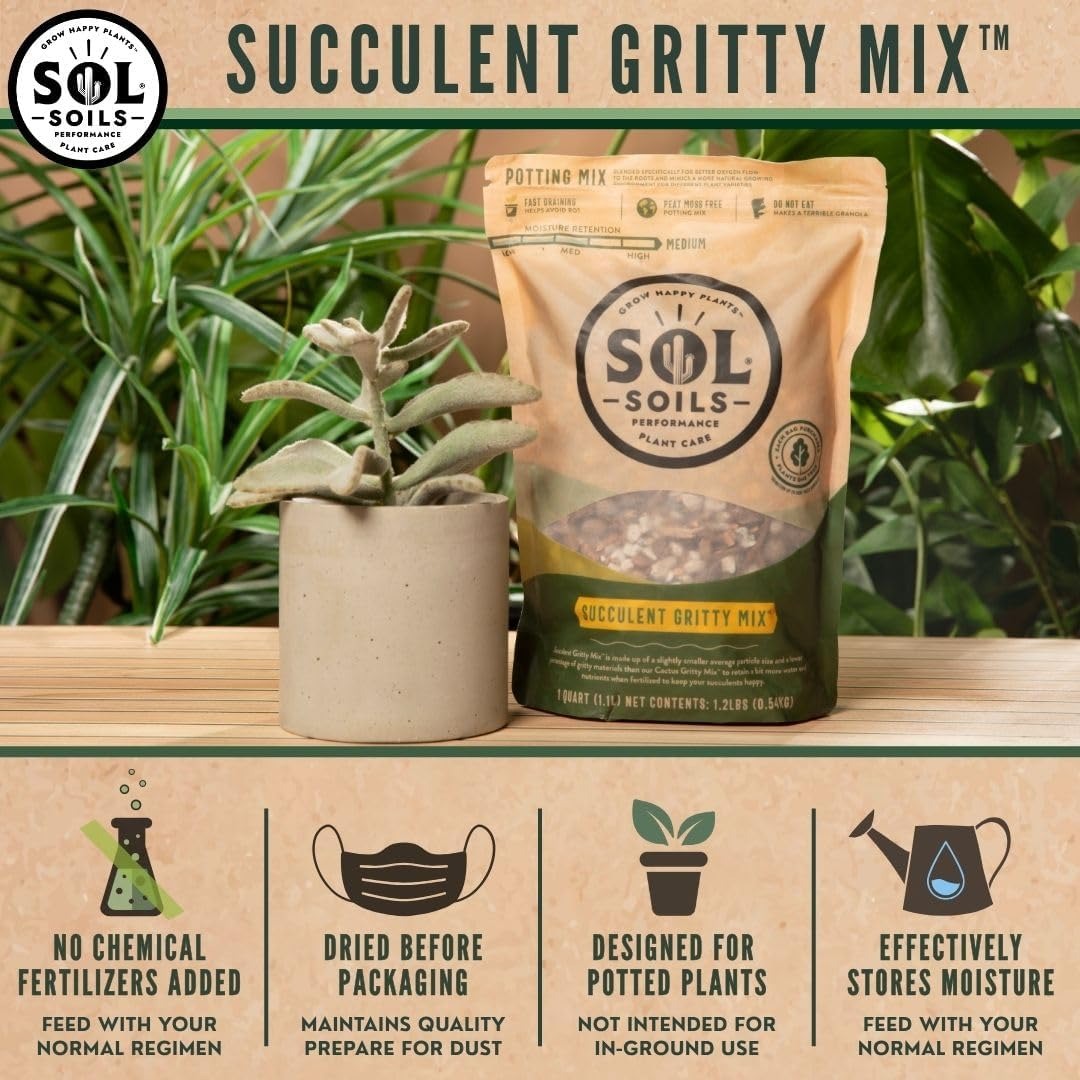 Sol Soil Succulent Gritty Mix 2 Quarts - Fast Draining Peat Moss Free Succulent Soil Potting Mix with Coconut Husk Chips, Perlite & Pumice