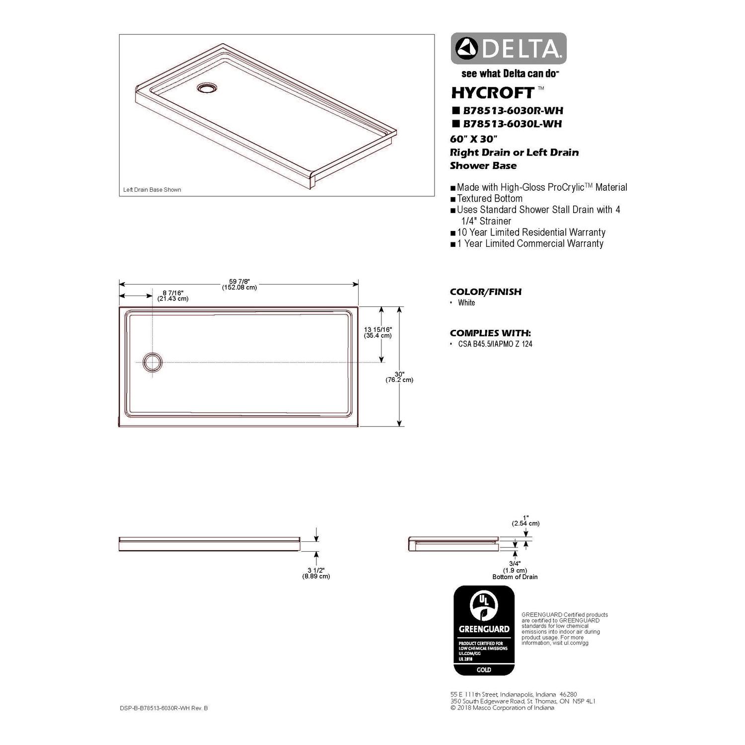Delta Hycroft 4.5 in. H X 30 in. W X 60 in. L White Shower Base