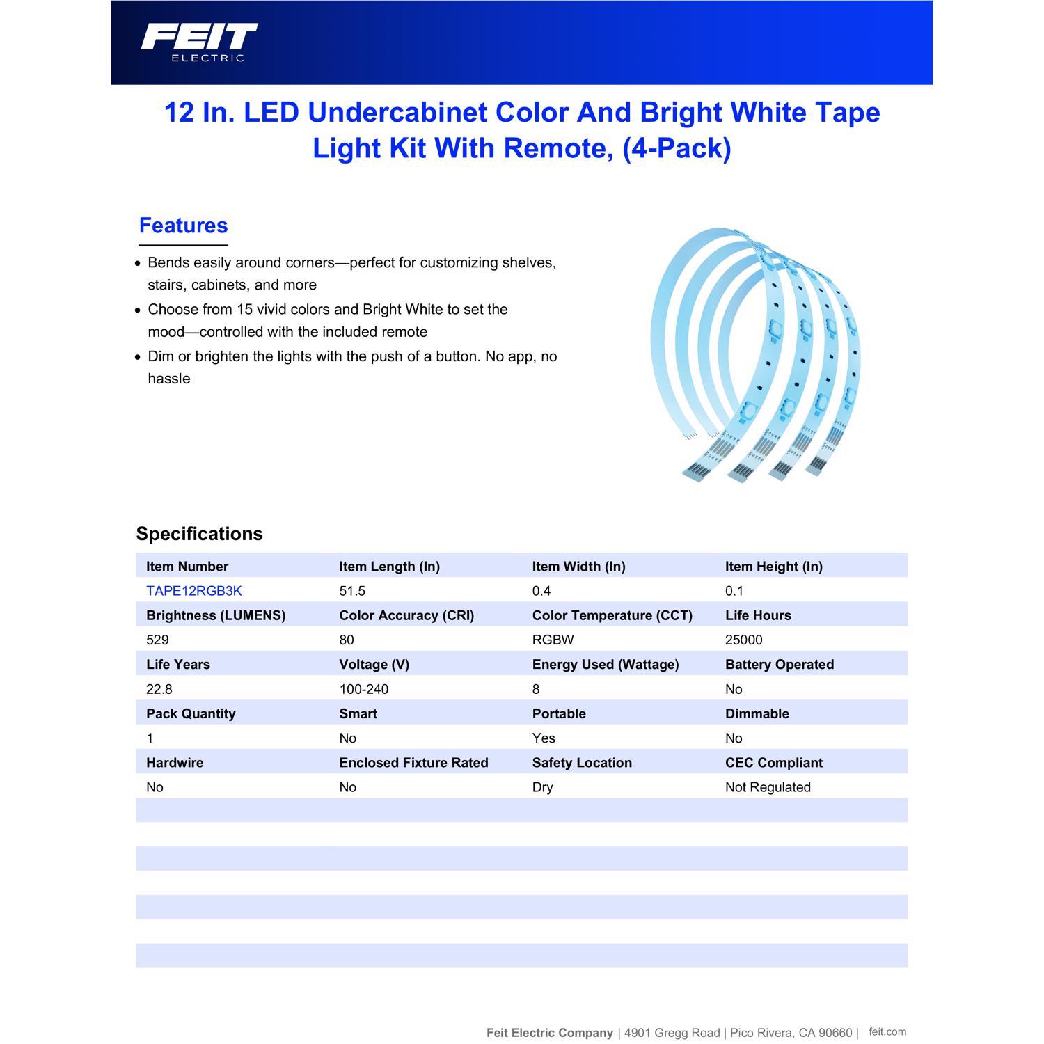 Feit 12 in. L Color Changing Plug-In LED Tape Light 4 pk