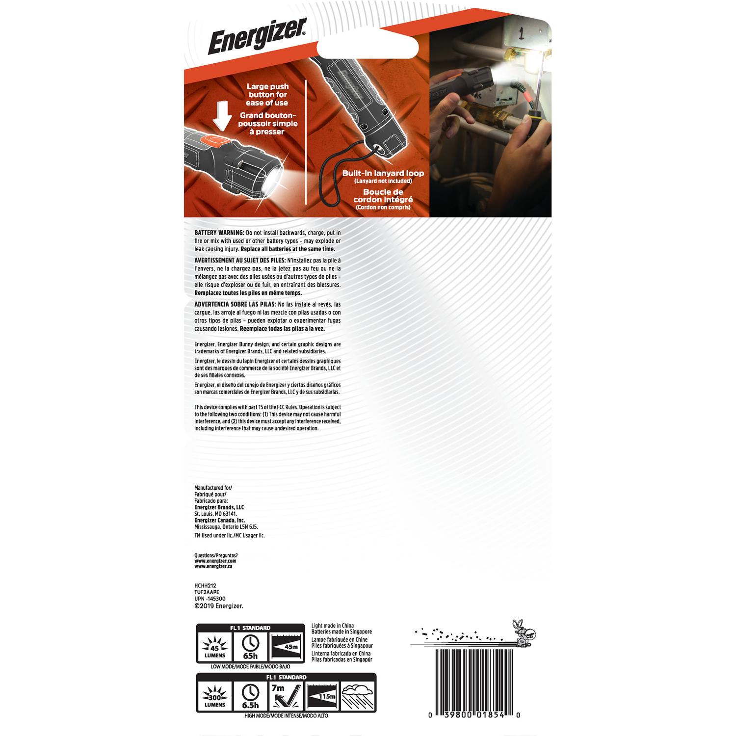 Energizer Hard Case 300 lm Black LED Work Light Flashlight AA Battery