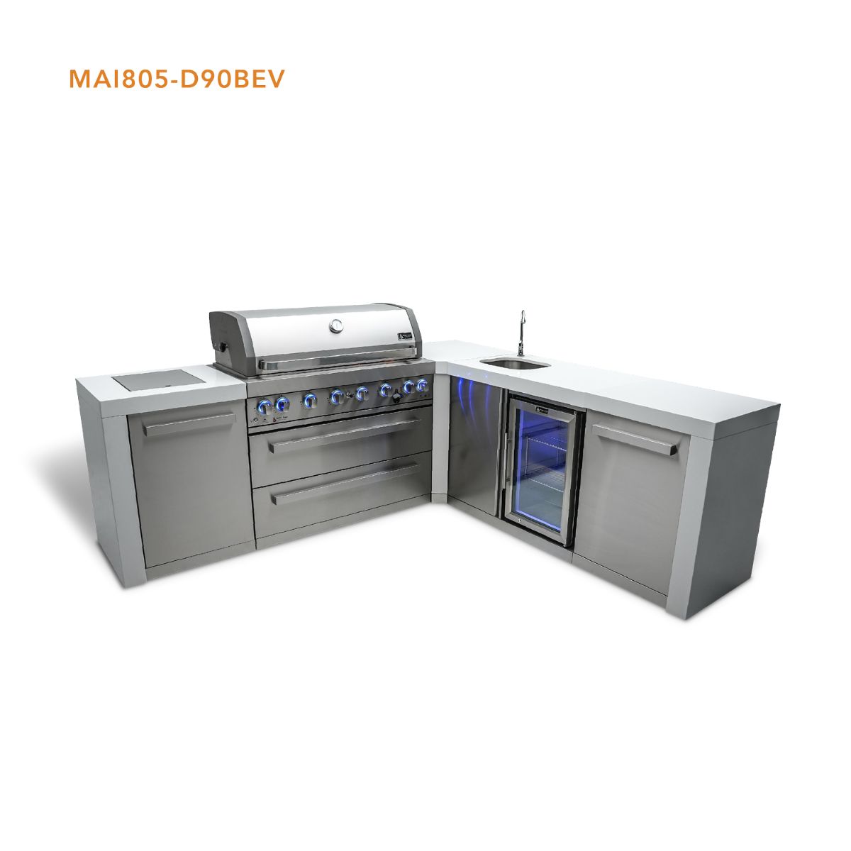 Mont Alpi 6-Burner Deluxe island featuring a 90-degree corner and beverage center