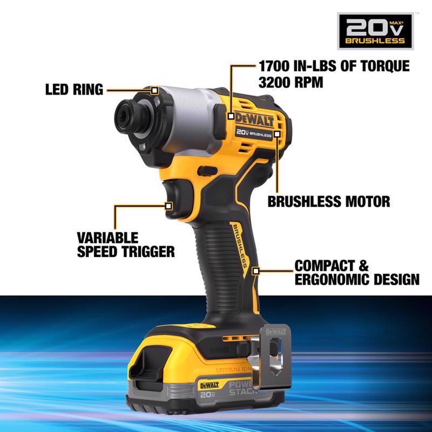 DeWalt 20V MAX POWERSTACK 1/4 in. Cordless Brushless Impact Driver Kit (Battery & Charger)