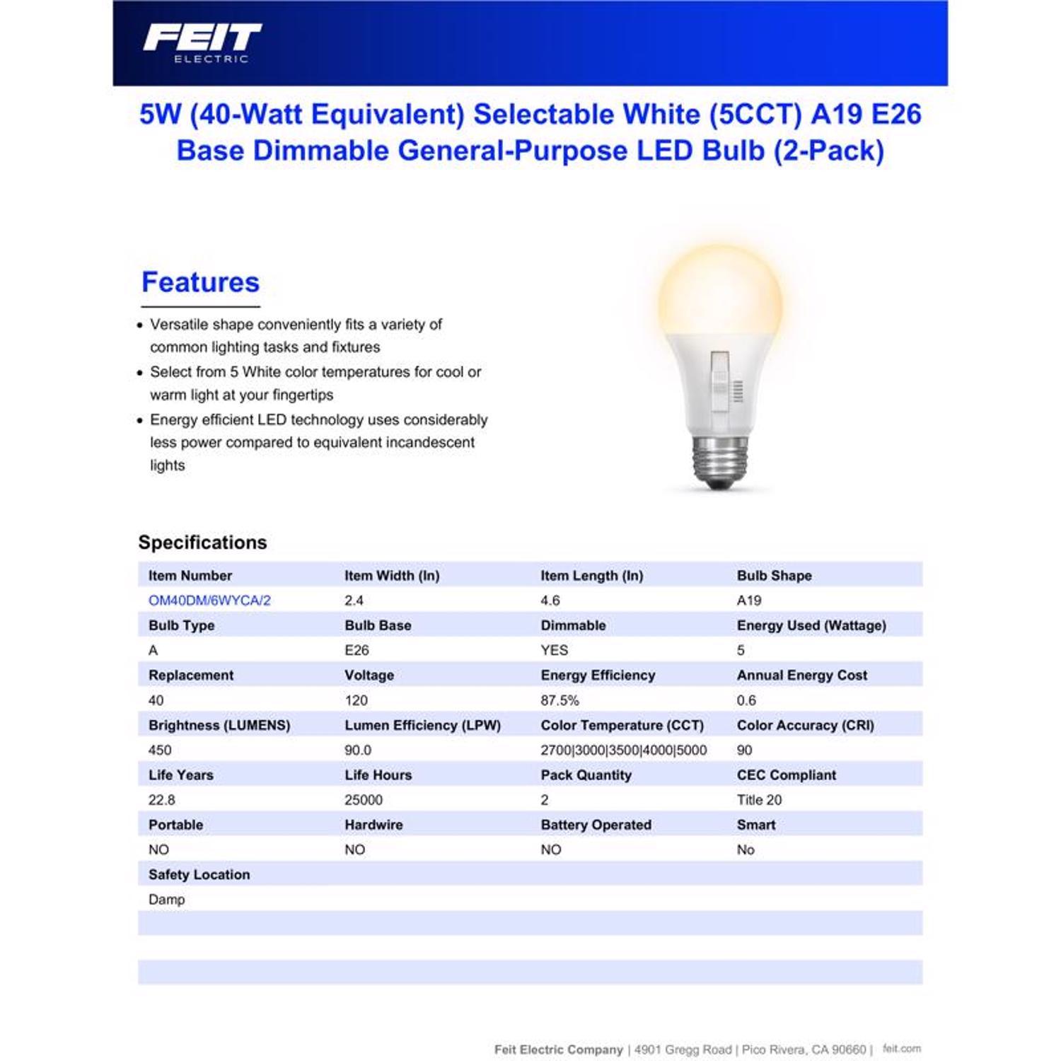 Feit A19 E26 (Medium) LED Bulb Adjustable White 40 Watt Equivalence 2 pk