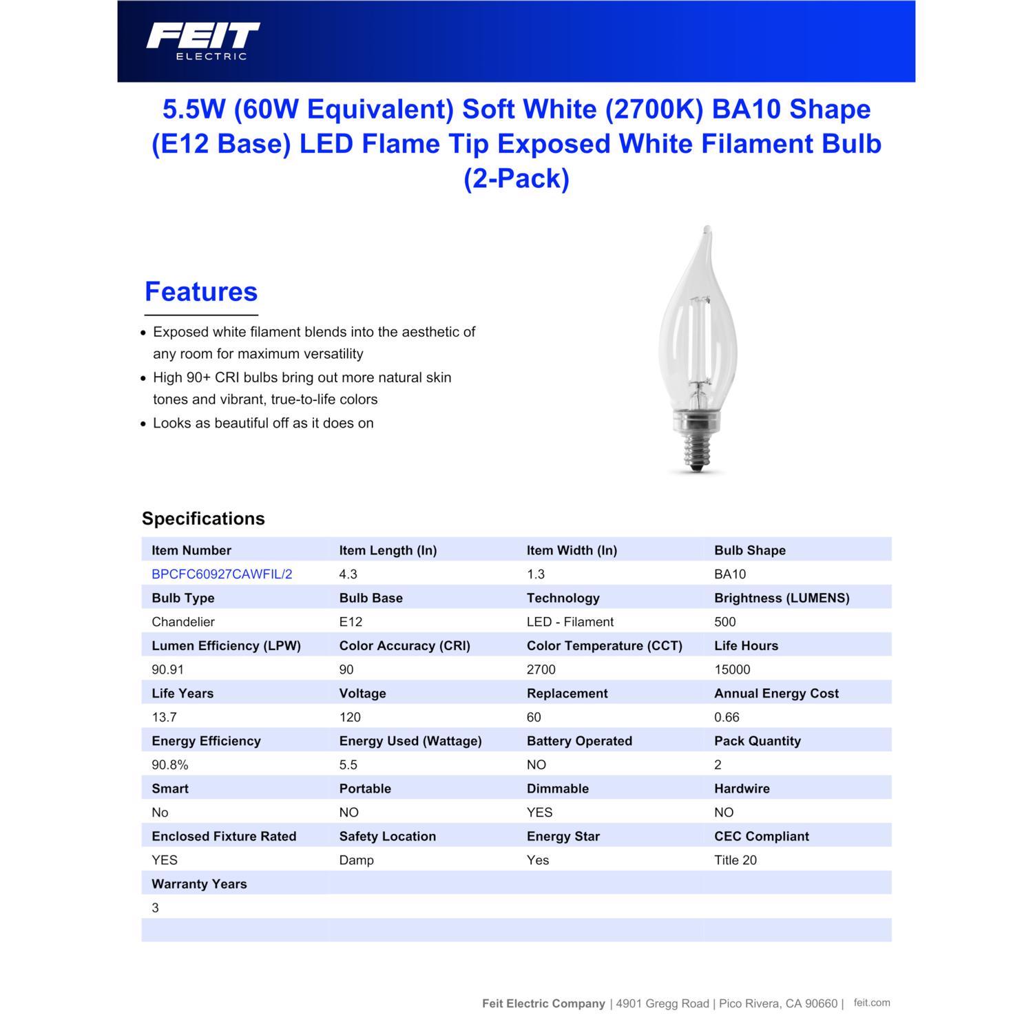Feit White Filament BA10 E12 (Candelabra) Filament LED Bulb Soft White 60 Watt Equivalence 2 pk