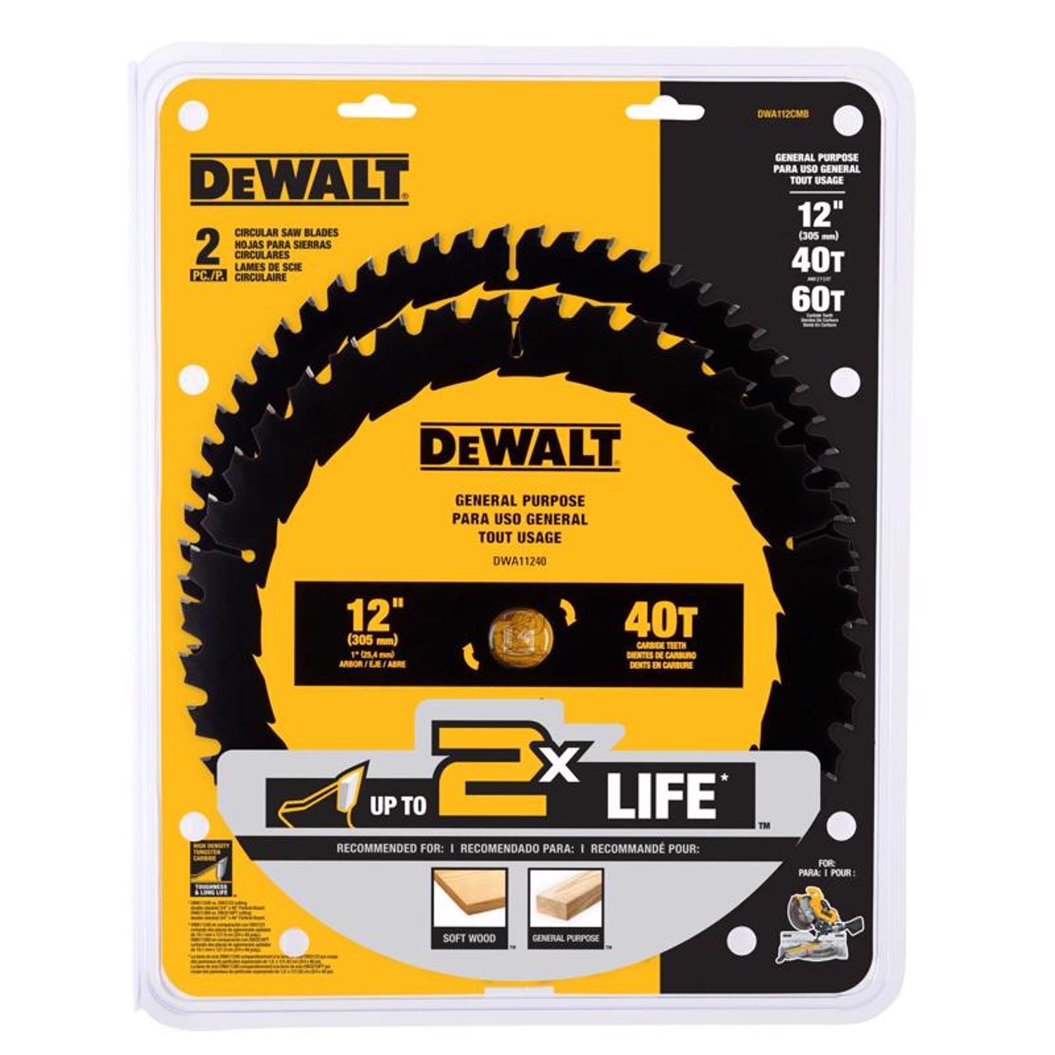 DEWALT 12 in. D X 1 in. Carbide Tipped Circular Saw Blade 40/60 teeth 2 pk