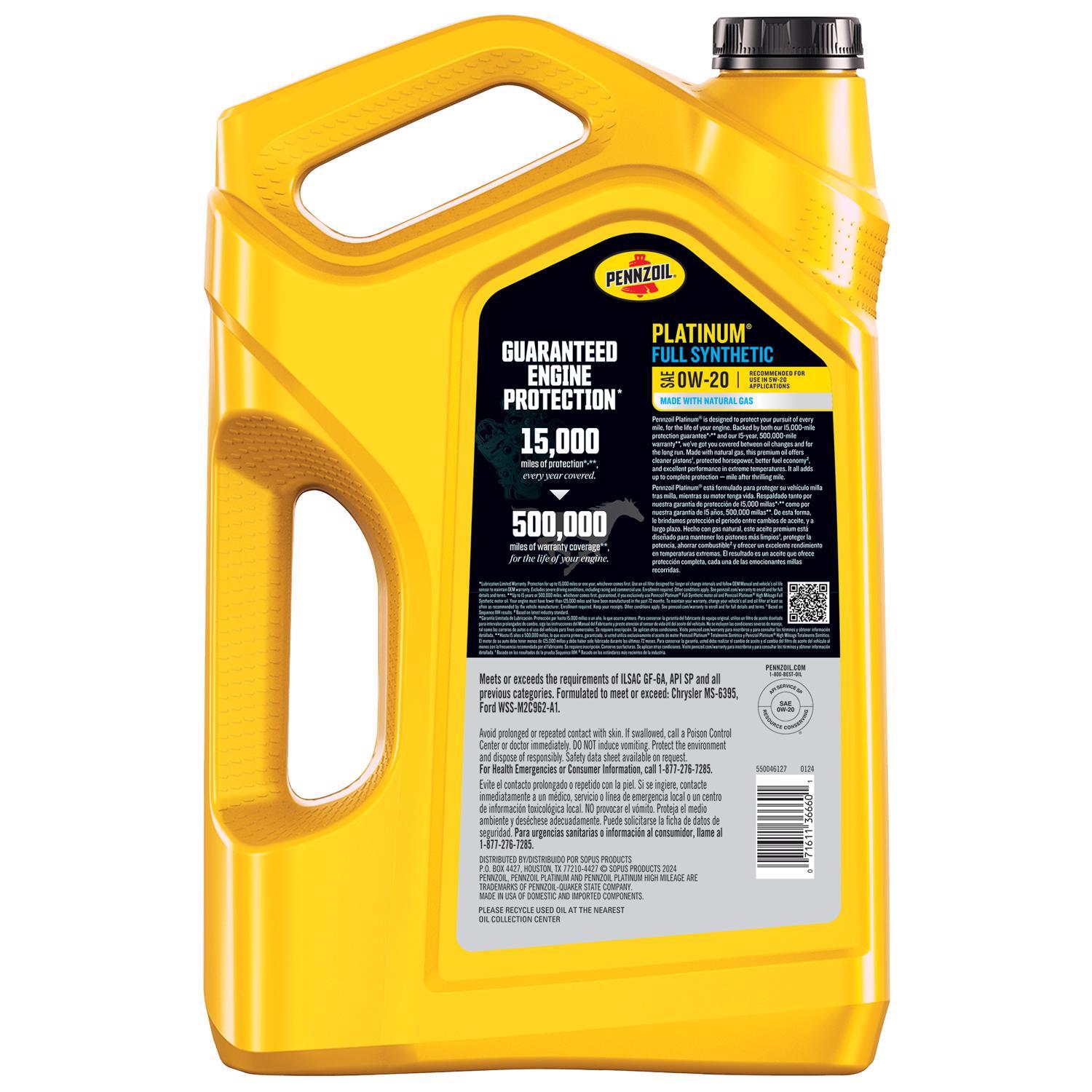 Pennzoil Platinum 0W-20 Gasoline Synthetic Motor Oil 5 qt 1 pk
