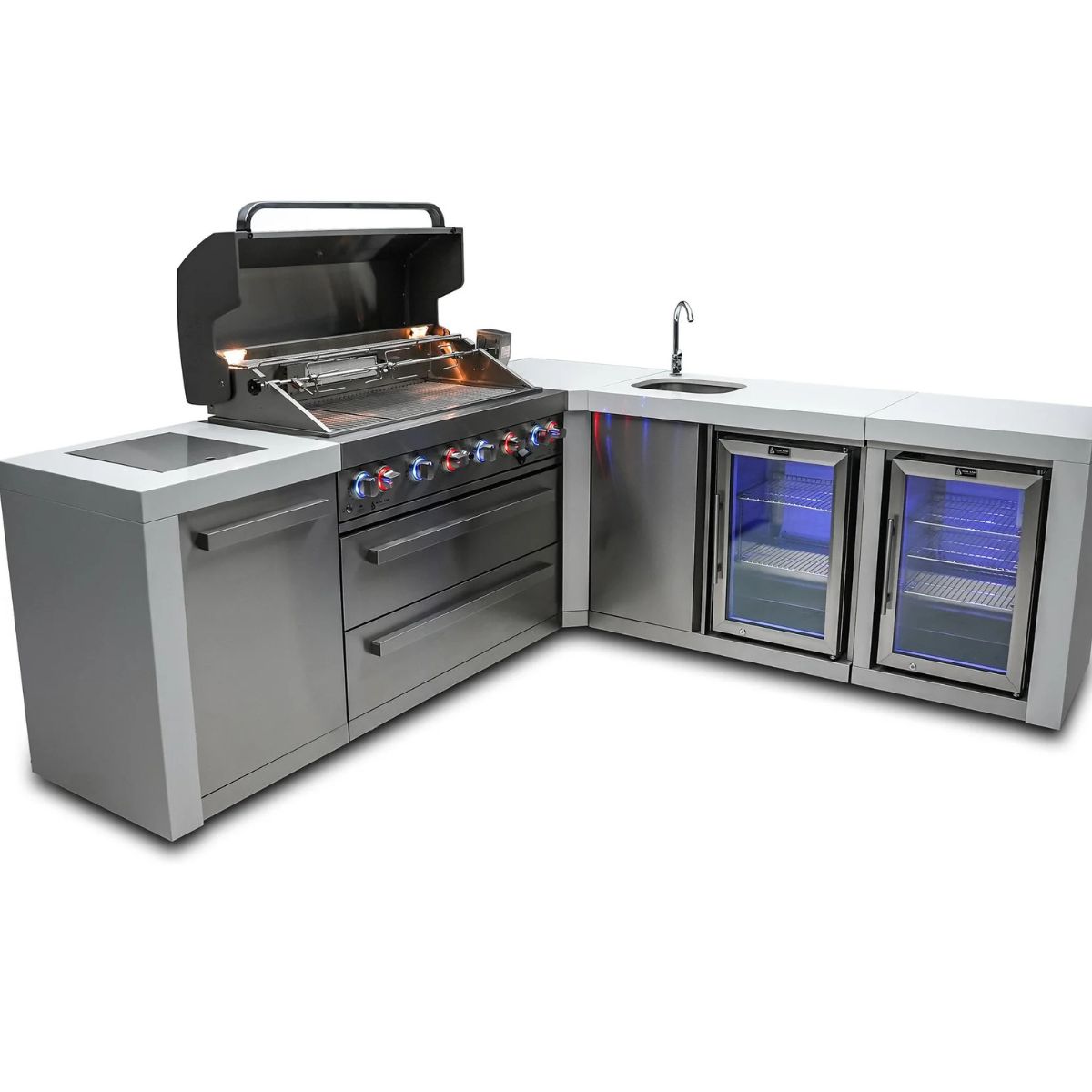 Mont Alpi 6-Burner Deluxe island with 90-degree corner,beverage center nad fridge cabinet
