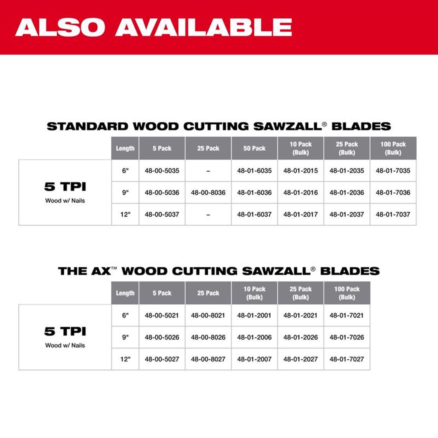 Milwaukee The AX 9 in. Bi-Metal Wood demolition Reciprocating Saw Blade 5 TPI 5 pk