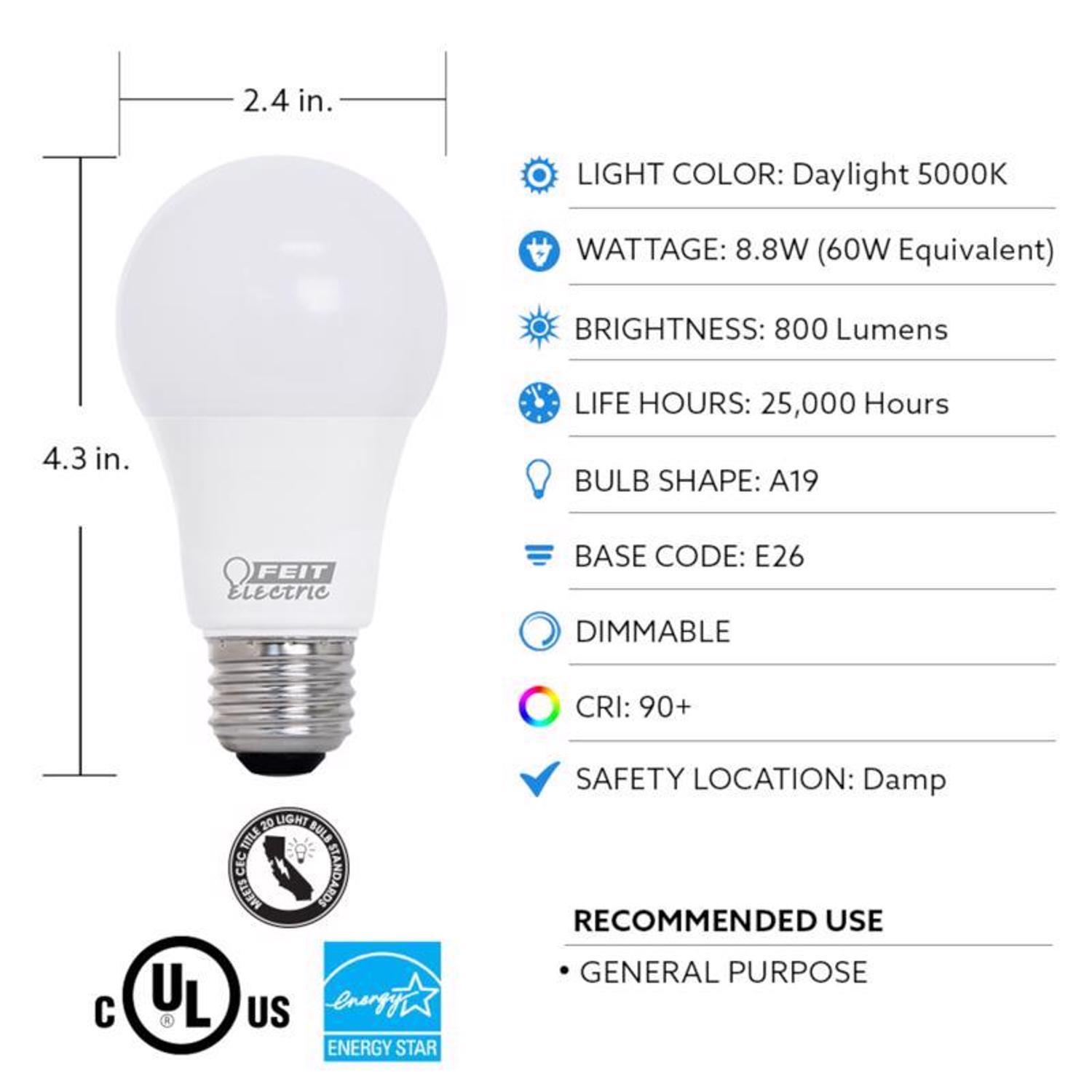 Feit A19 E26 (Medium) LED Bulb Daylight 60 Watt Equivalence 4 pk