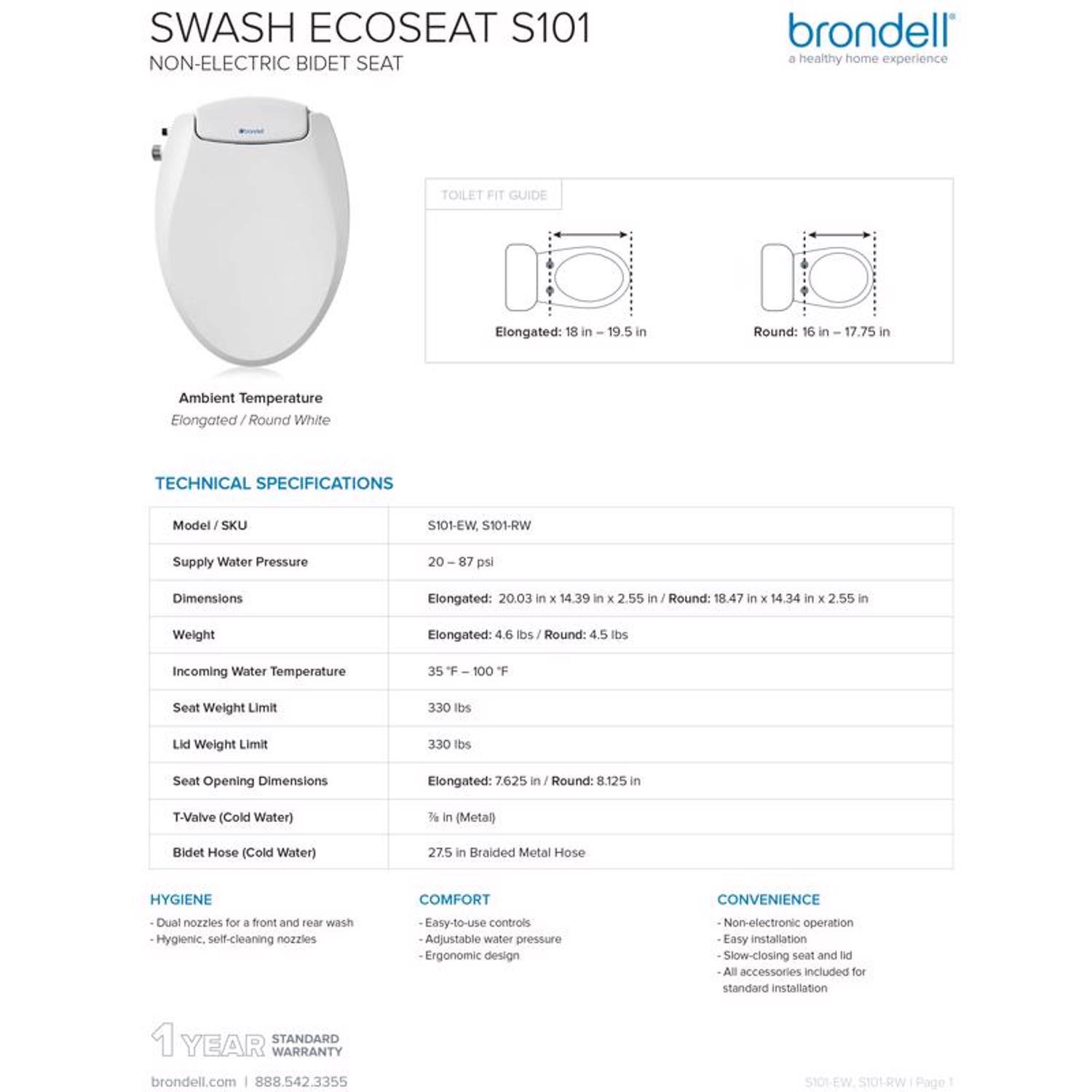 Brondell Swash Ecoseat N/A gal White Elongated Bidet Toilet Seat