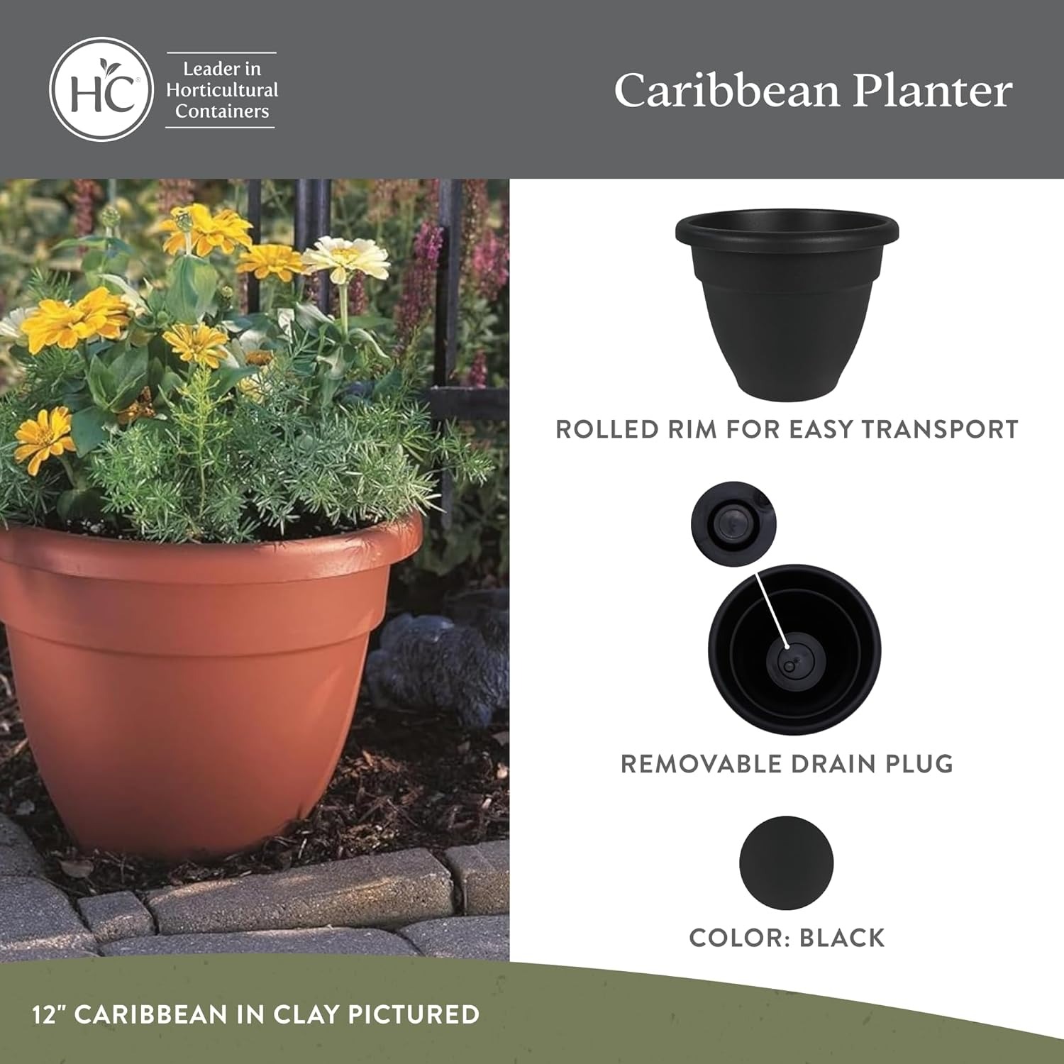 The HC Companies Caribbean Planter Pot - Outdoor & Indoor Plant Pot with Drainage Hole & Plug - Rolled Rim Plastic Pots for Plants & Flowers - Decorative Plant Pot (12 in. Black, Pack of 1)