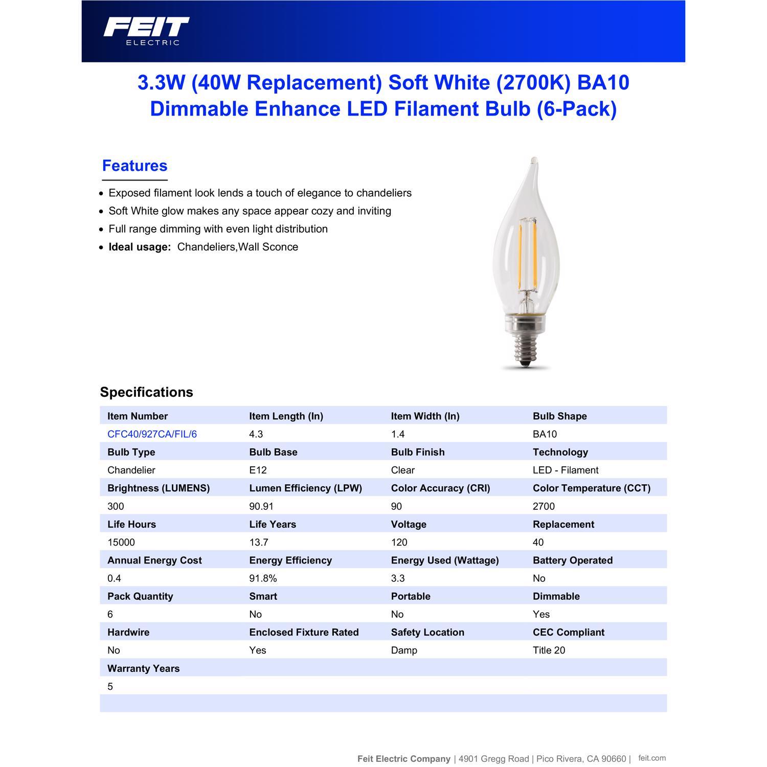 Feit Enhance CA10 (Flame Tip) E12 (Candelabra) Filament LED Bulb Soft White 40 Watt Equivalence 6 pk