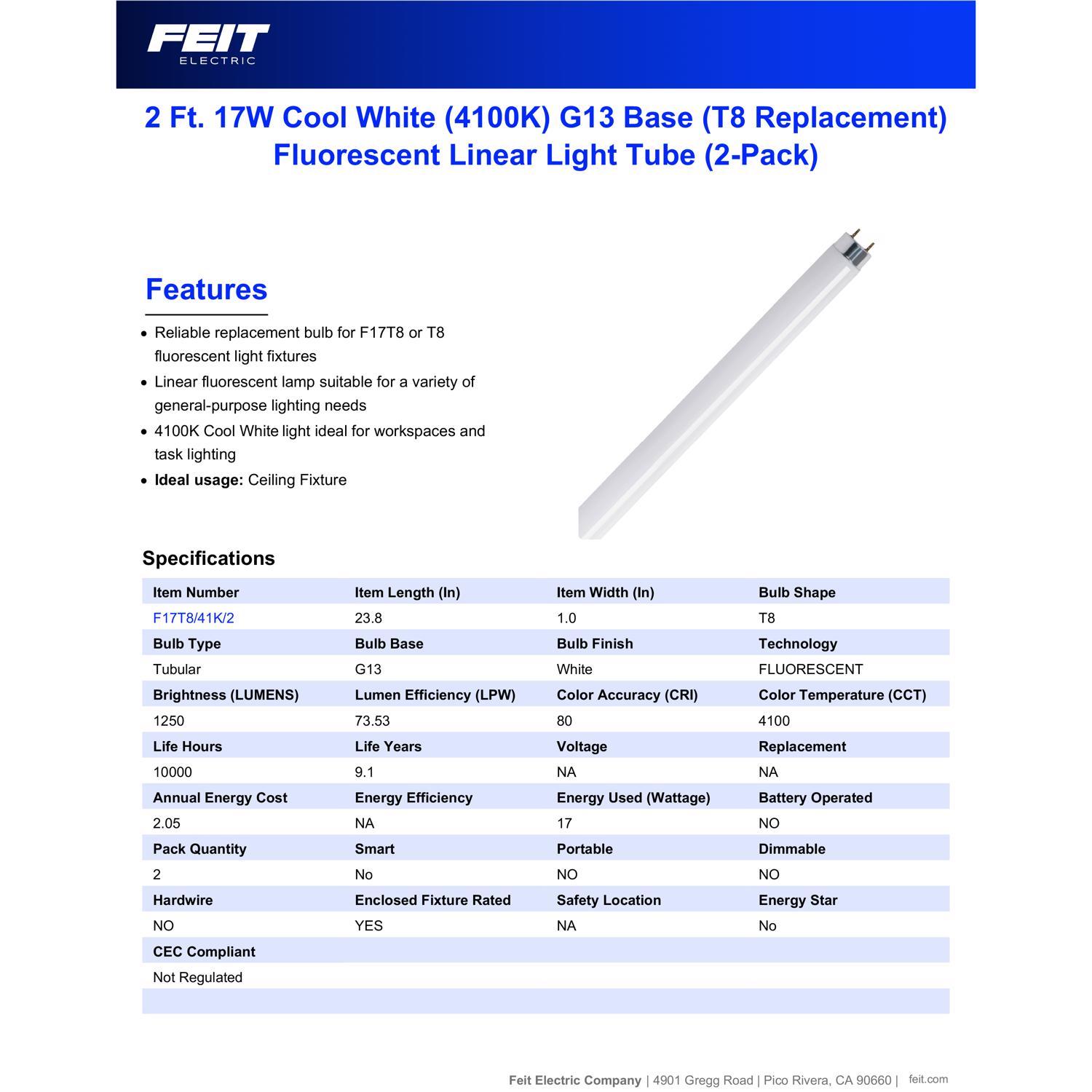 Feit Legacy Bulbs 17 W T8 1 in. D X 23.8 in. L Fluorescent Bulb Cool White Linear 4100 K 2 pk