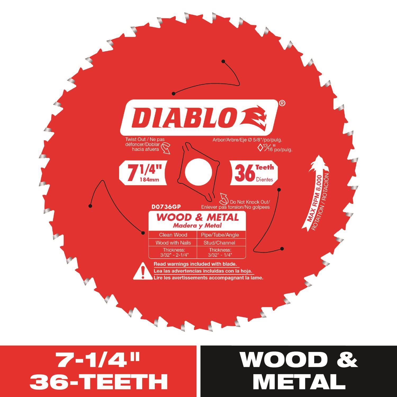 Diablo Wood & Metal 7-1/4 in. D X 5/8 in. TiCo Hi-Density Carbide Wood and Metal Saw Blade 36 teeth