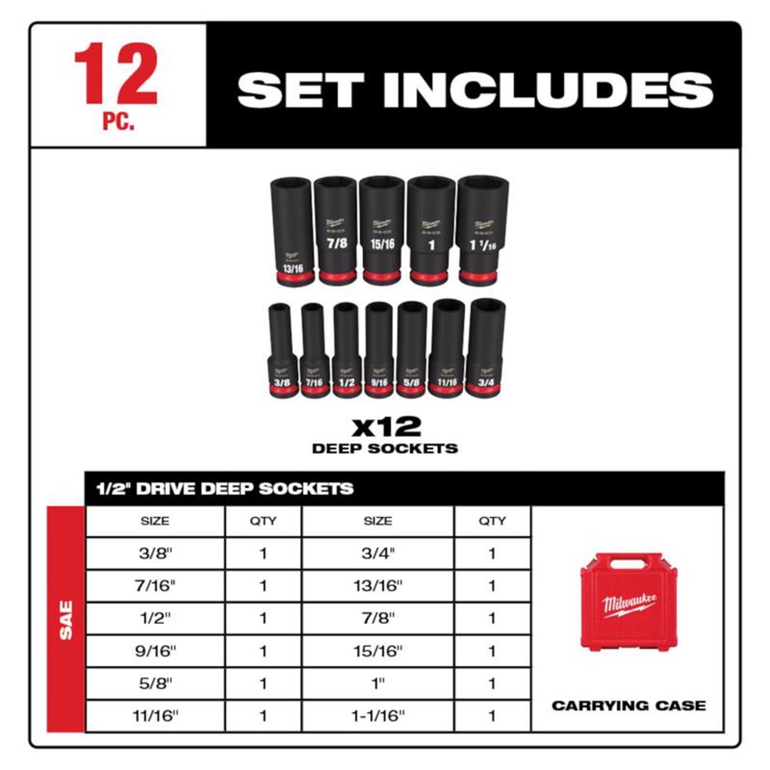 Milwaukee SHOCKWAVE 1/2 in. drive SAE 6 Point Impact Rated Deep Socket Set 12 pc