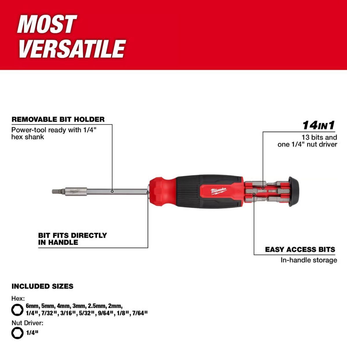 Milwaukee Hex Shank 14-in-1 Multi-Bit Screwdriver 9.11 in. 16 Pieces