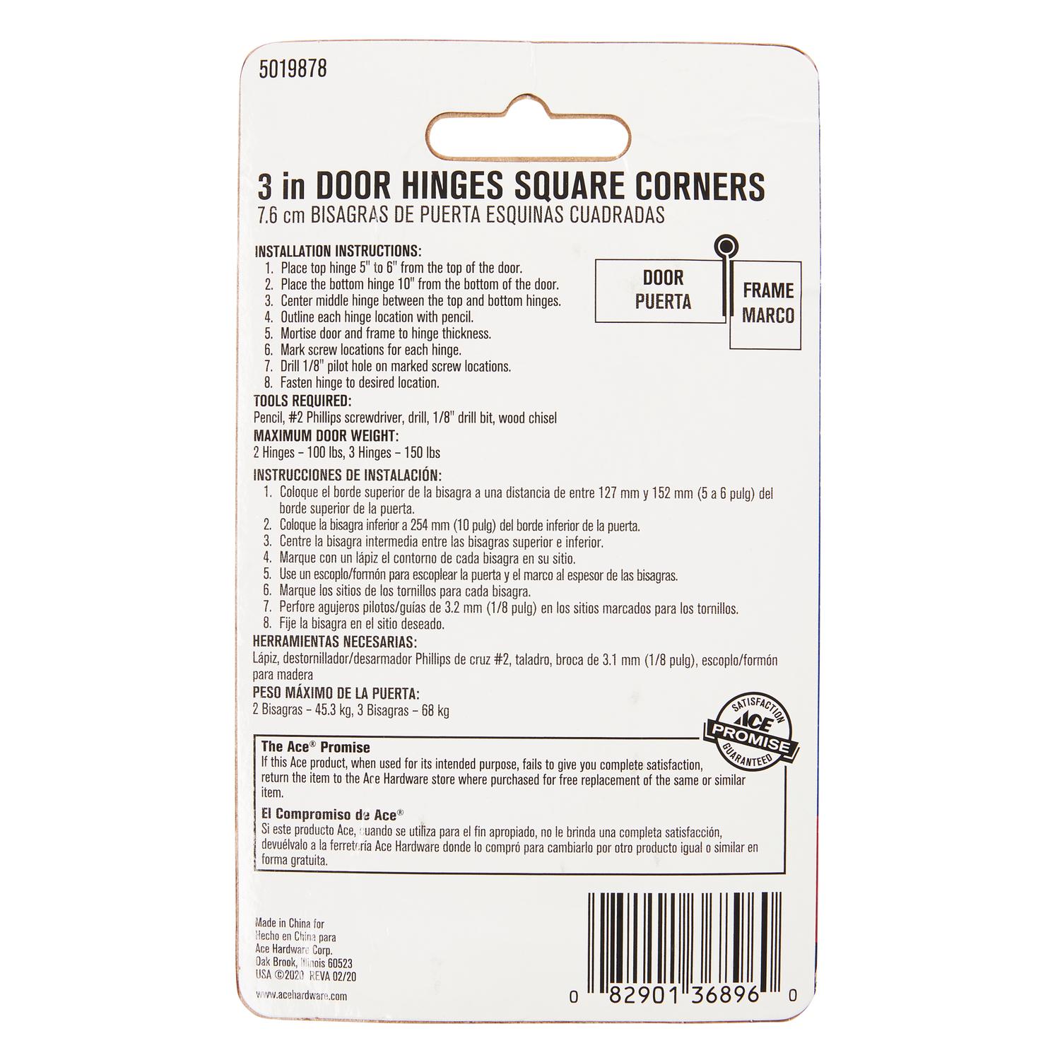 Ace 3 in. L Satin Nickel Residential Door Hinge 3 pk