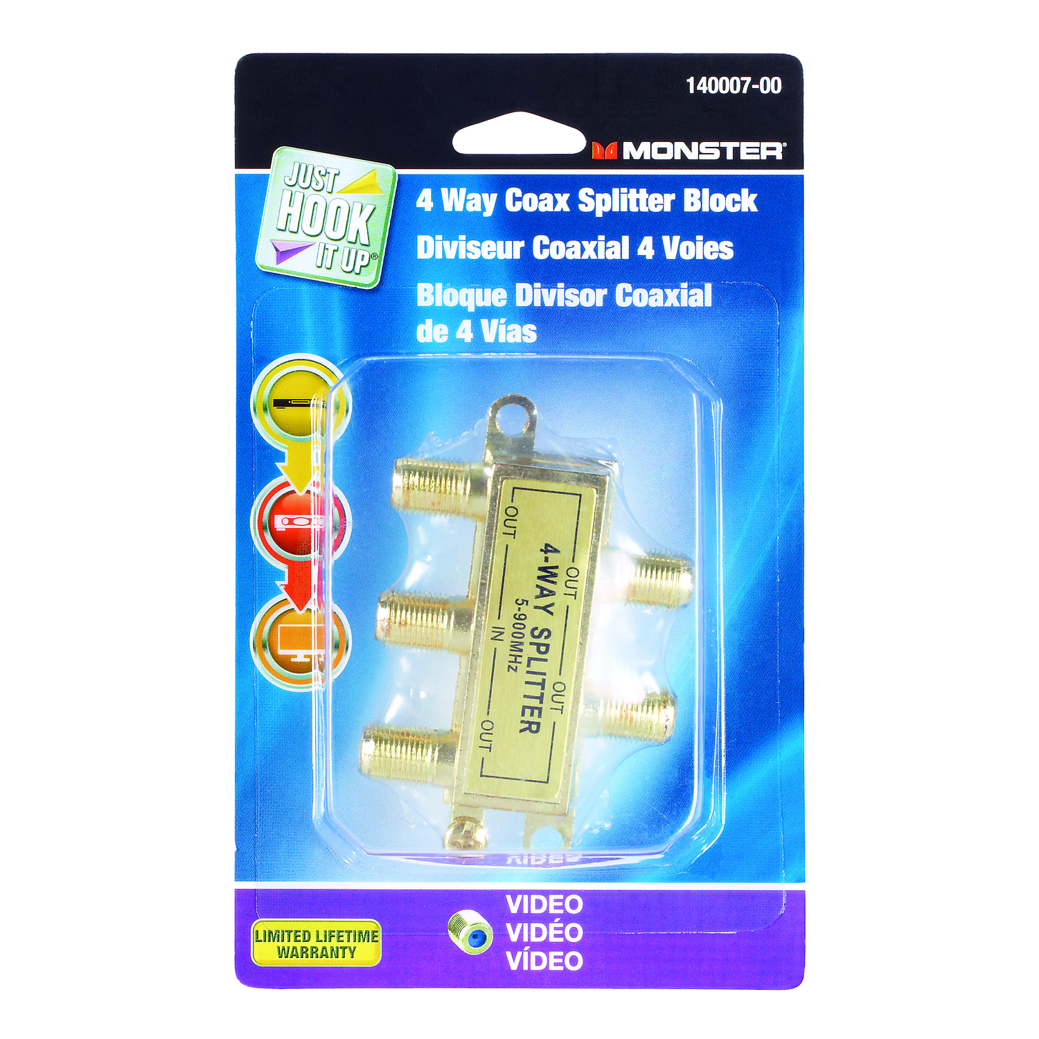 Monster Just Hook It Up 4 Way Coax Splitter 75 ohm 900 MHz 4 pk