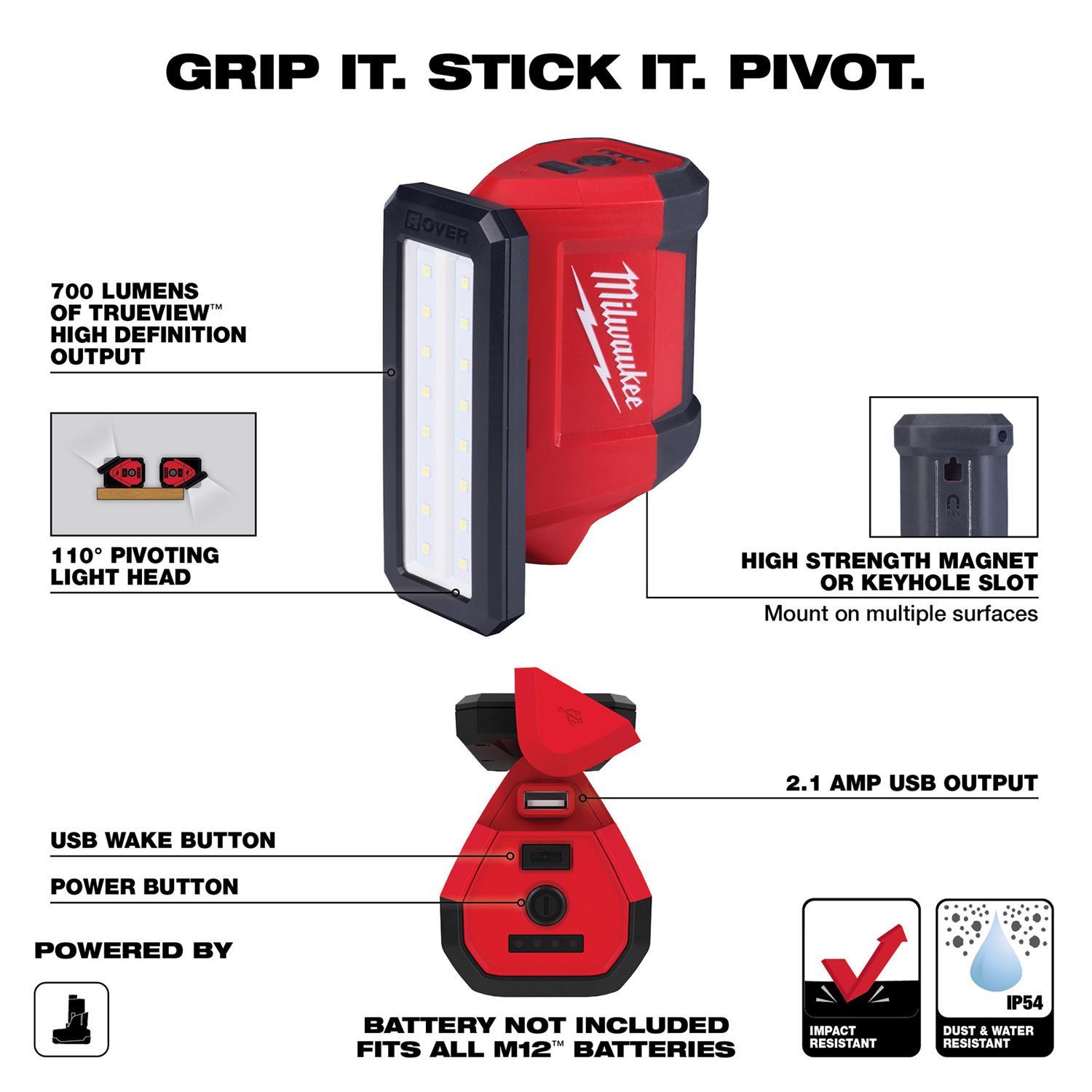 milwaukee 700 lumen flashlight charging indicator colors 2367-20 M12 Rover Lumens Repair Flood Light with USB Charging- Bare Tool This lights impact Milwaukee M12 Rover 700/250 lm