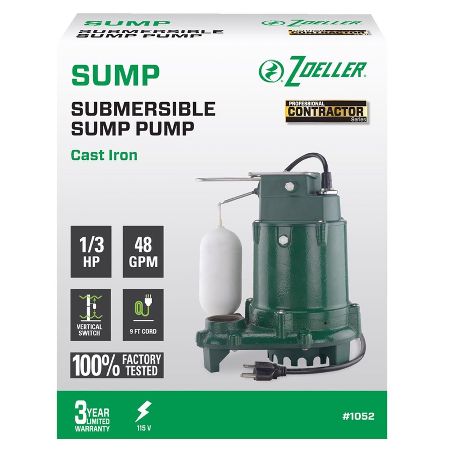 Zoeller 1/3 HP 2880 gph Cast Iron Vertical Float Switch AC Submersible Sump Pump 9 ft&sup3;