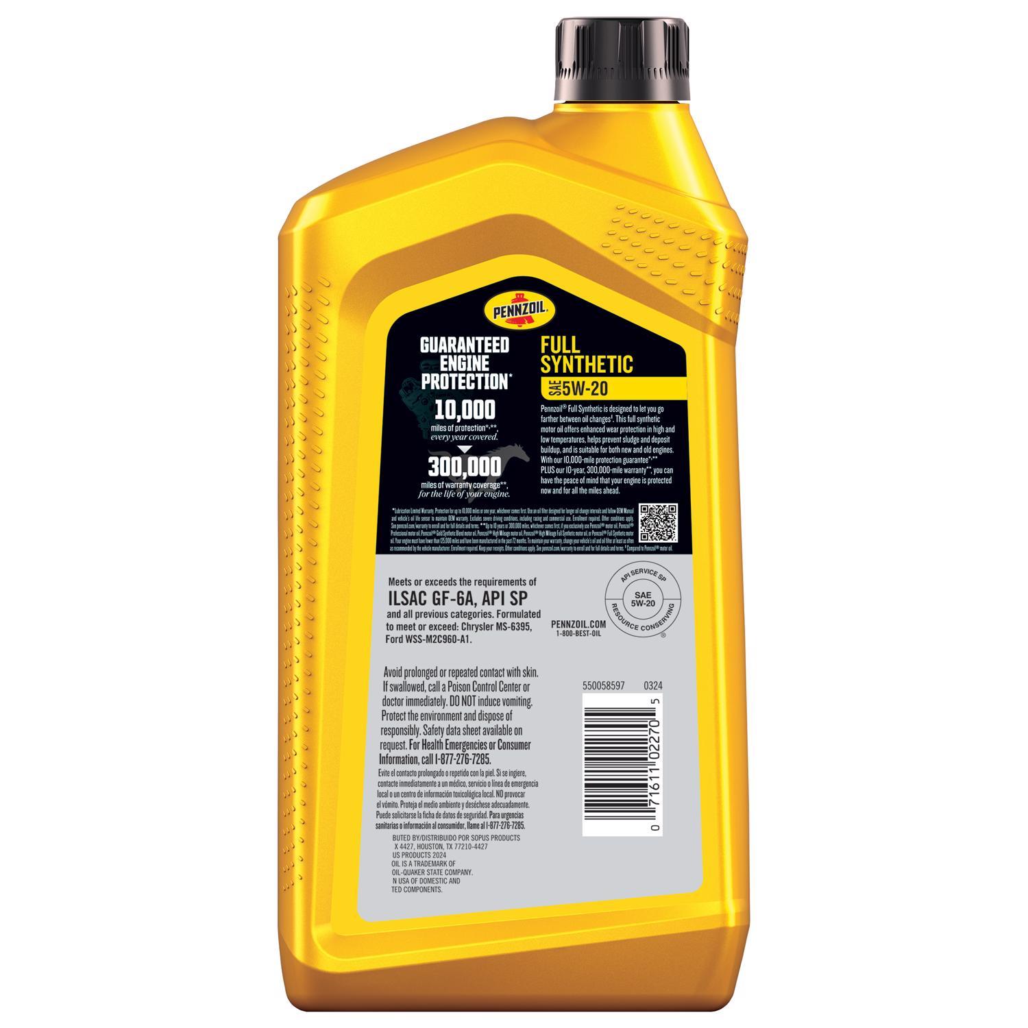 Pennzoil 5W-20 Gasoline Synthetic Motor Oil 1 qt 1 pk
