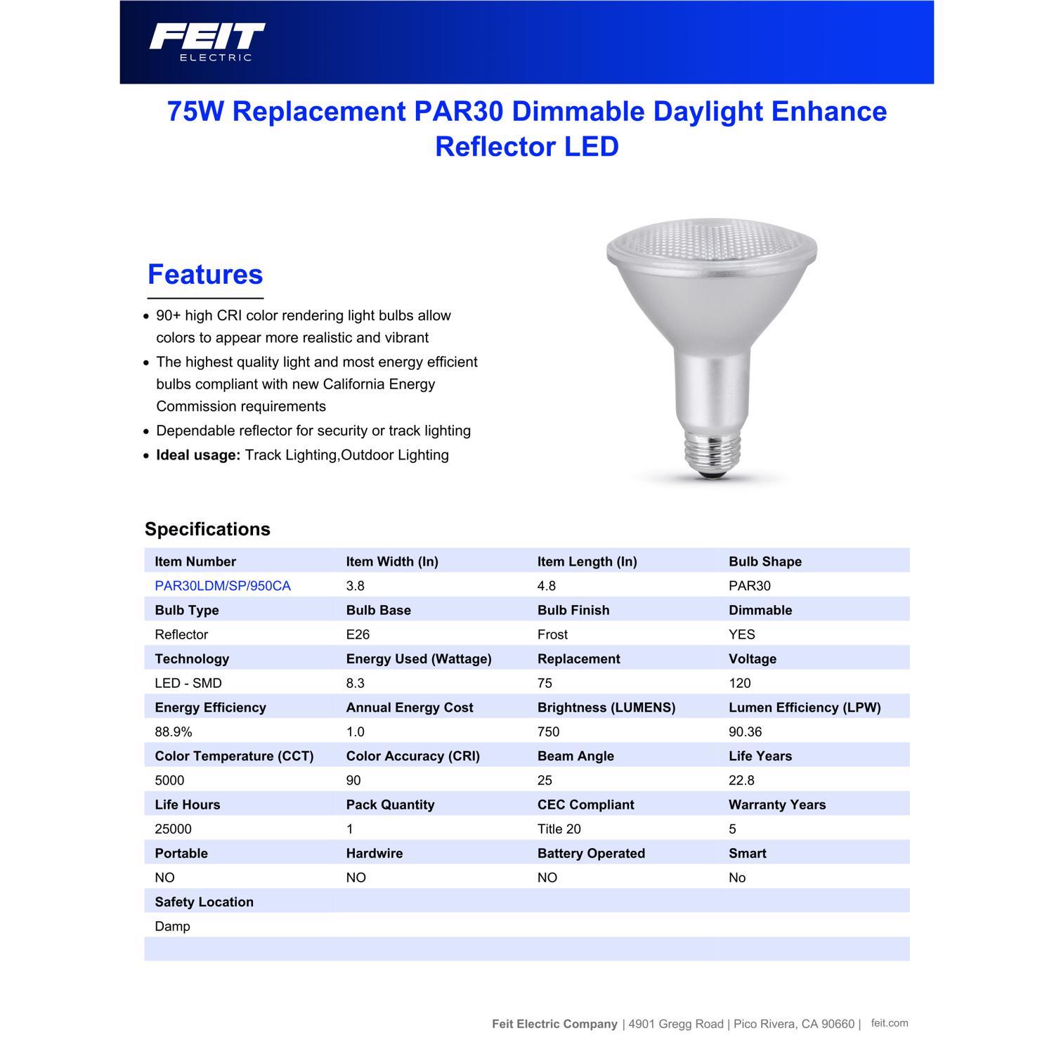 Feit Enhance PAR30 E26 (Medium) LED Bulb Daylight 75 Watt Equivalence 1 pk