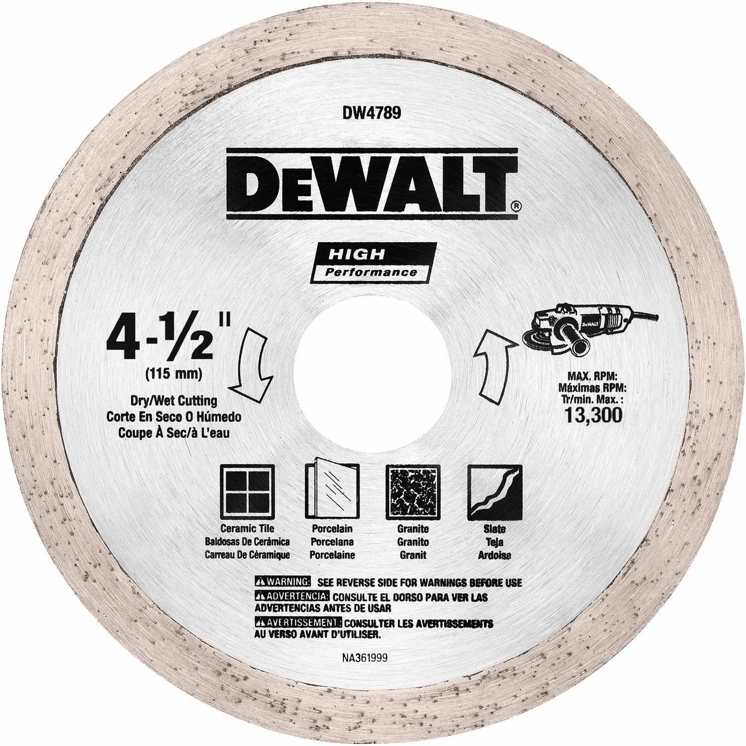 DeWalt HP 4-1/2 in. D X 5/8 in. X.060 in. thick Diamond Continuous Rim Tile Blade 1 pk