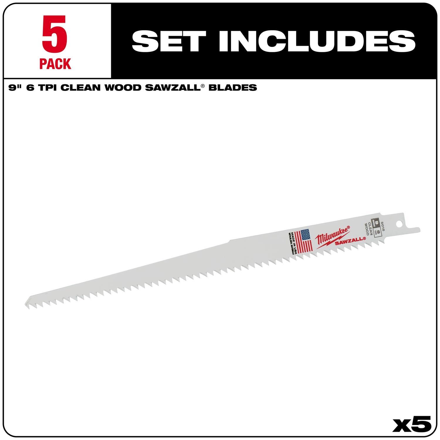 Milwaukee Sawzall 9 in. Bi-Metal Clean Wood Reciprocating Saw Blade 6 TPI 5 pk