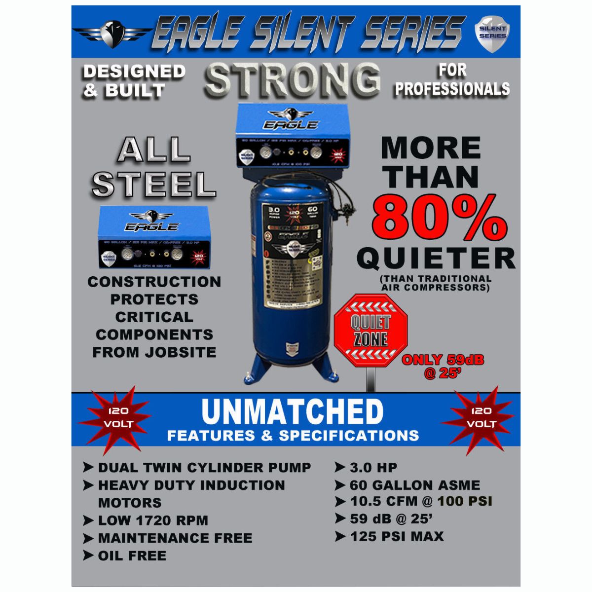 Eagle Compressor Silent Series Air Compressor 60 Gallon Electric Portable