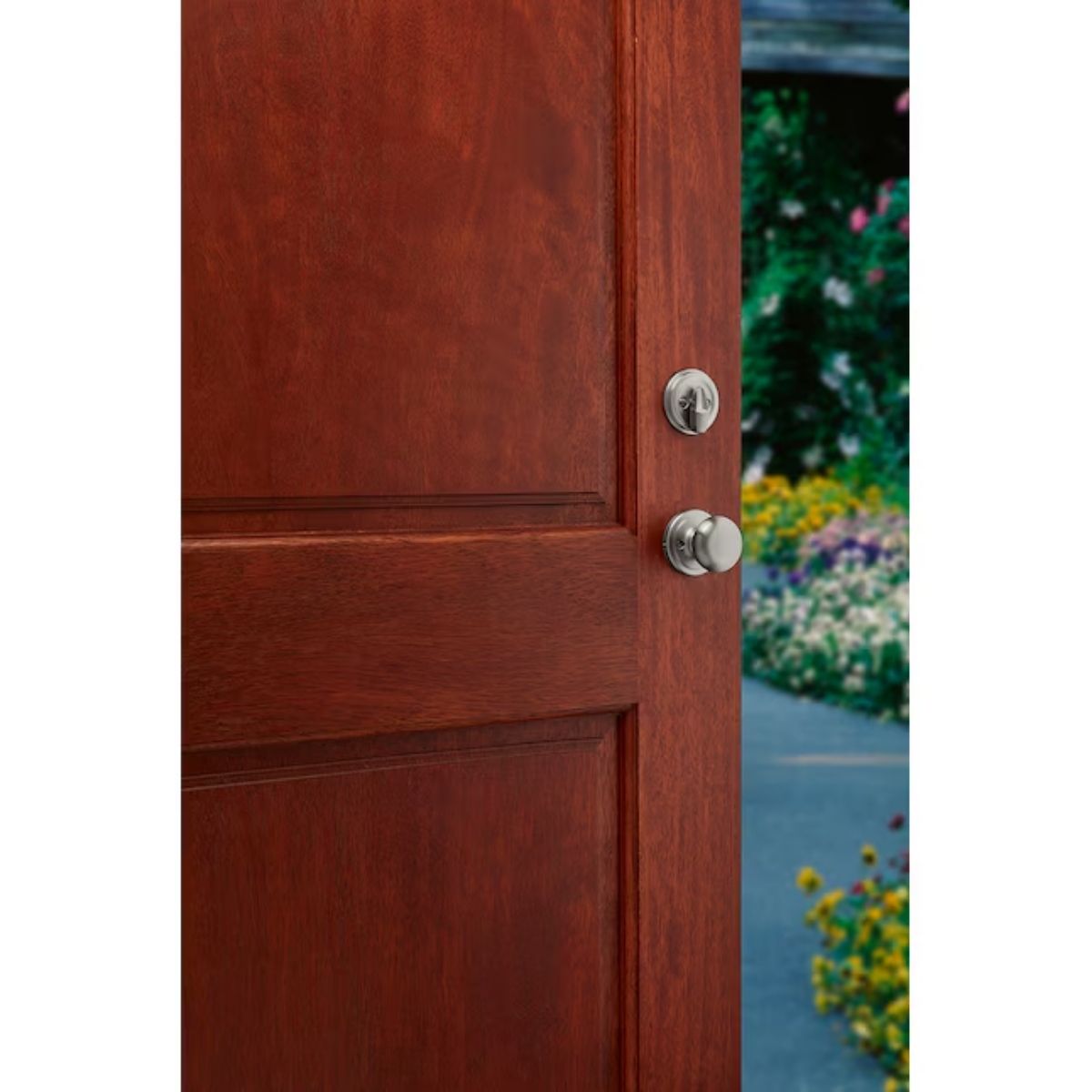 Kwikset Signature Series Chelsea Satin Nickel Exterior Single-Cylinder Deadbolt and Keyed Entry Door Handleset ft. SmartKey Security