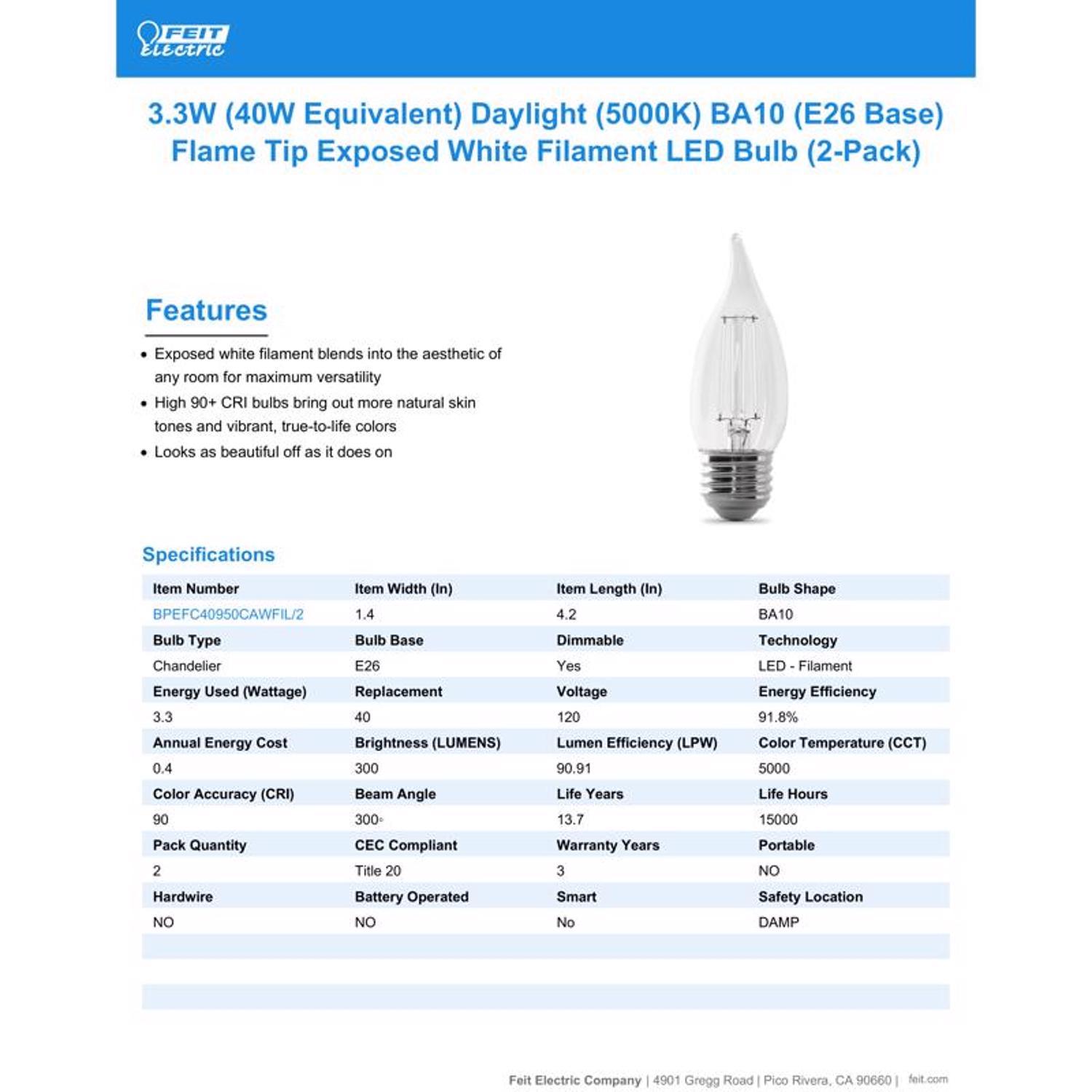 Feit White BA10 E26 (Medium) Filament LED Bulb Daylight 40 Watt Equivalence 2 pk