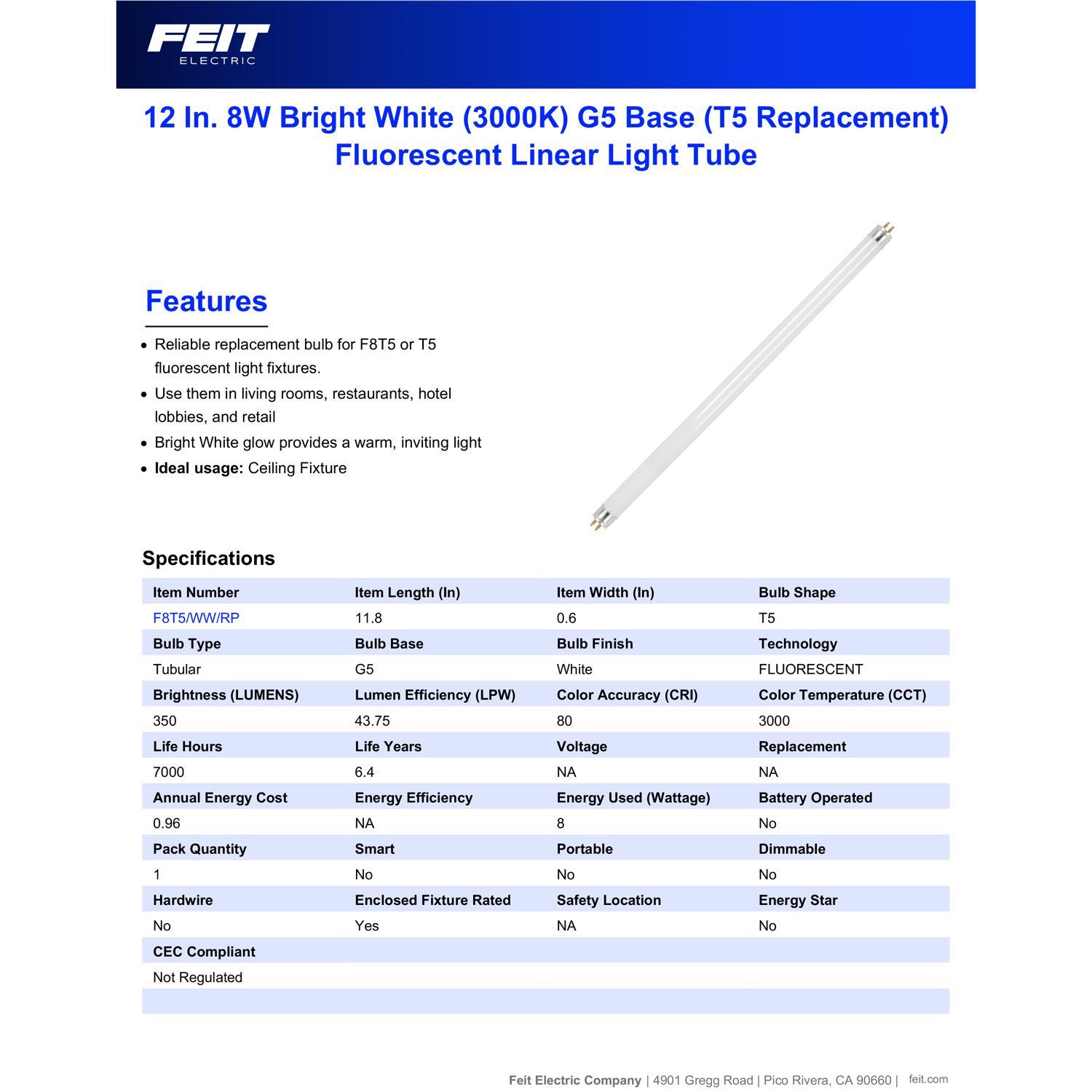 Feit Legacy Bulbs 8 W T5 0.6 in. D X 12 in. L Fluorescent Bulb Bright White Linear 3000 K 1 pk