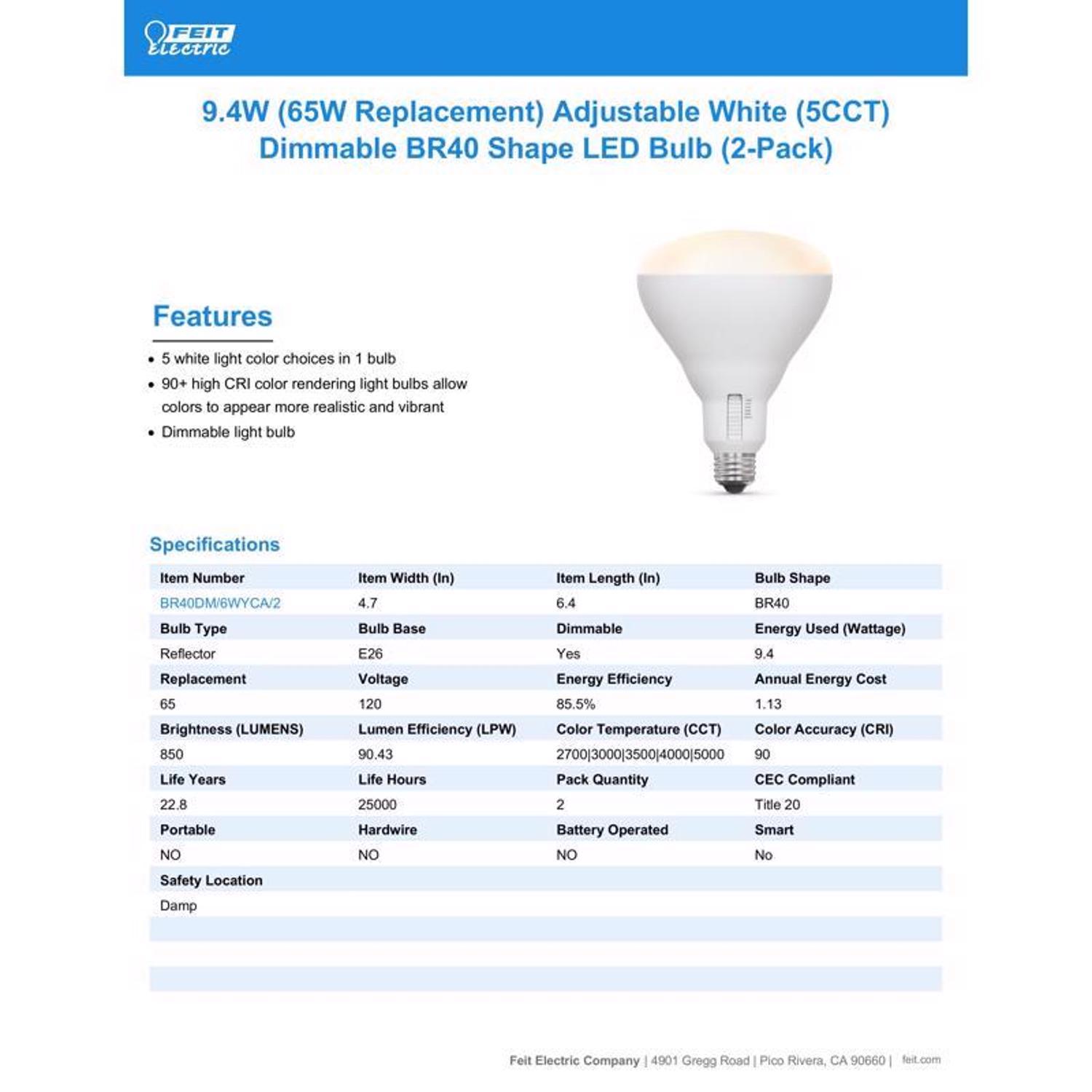 Feit BR40 E26 (Medium) LED Floodlight Bulb Adjustable White 65 Watt Equivalence 2 pk
