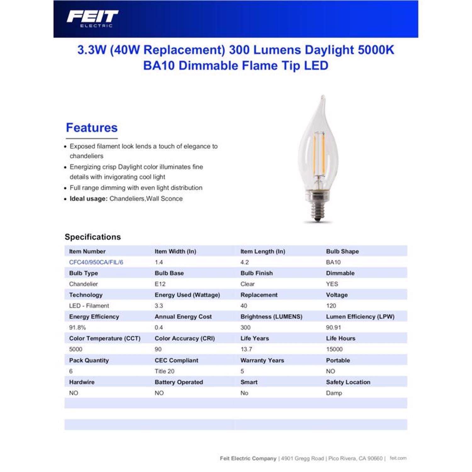 Feit Enhance CA10 (Flame Tip) E12 (Candelabra) Filament LED Bulb Daylight 40 Watt Equivalence 6 pk